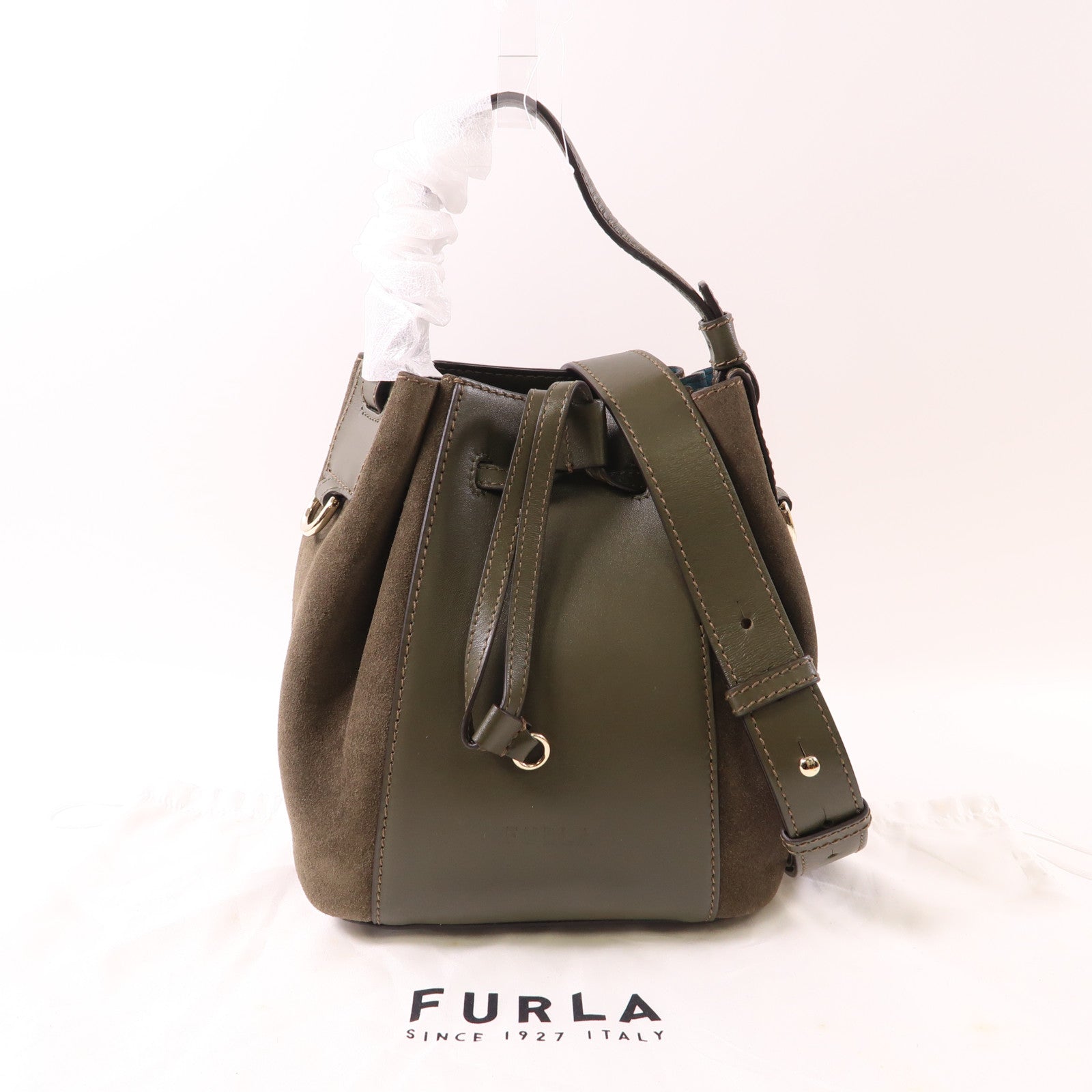 Furla 牛皮皮革Bucket Bag銀扣手挽肩背兩用袋綠色