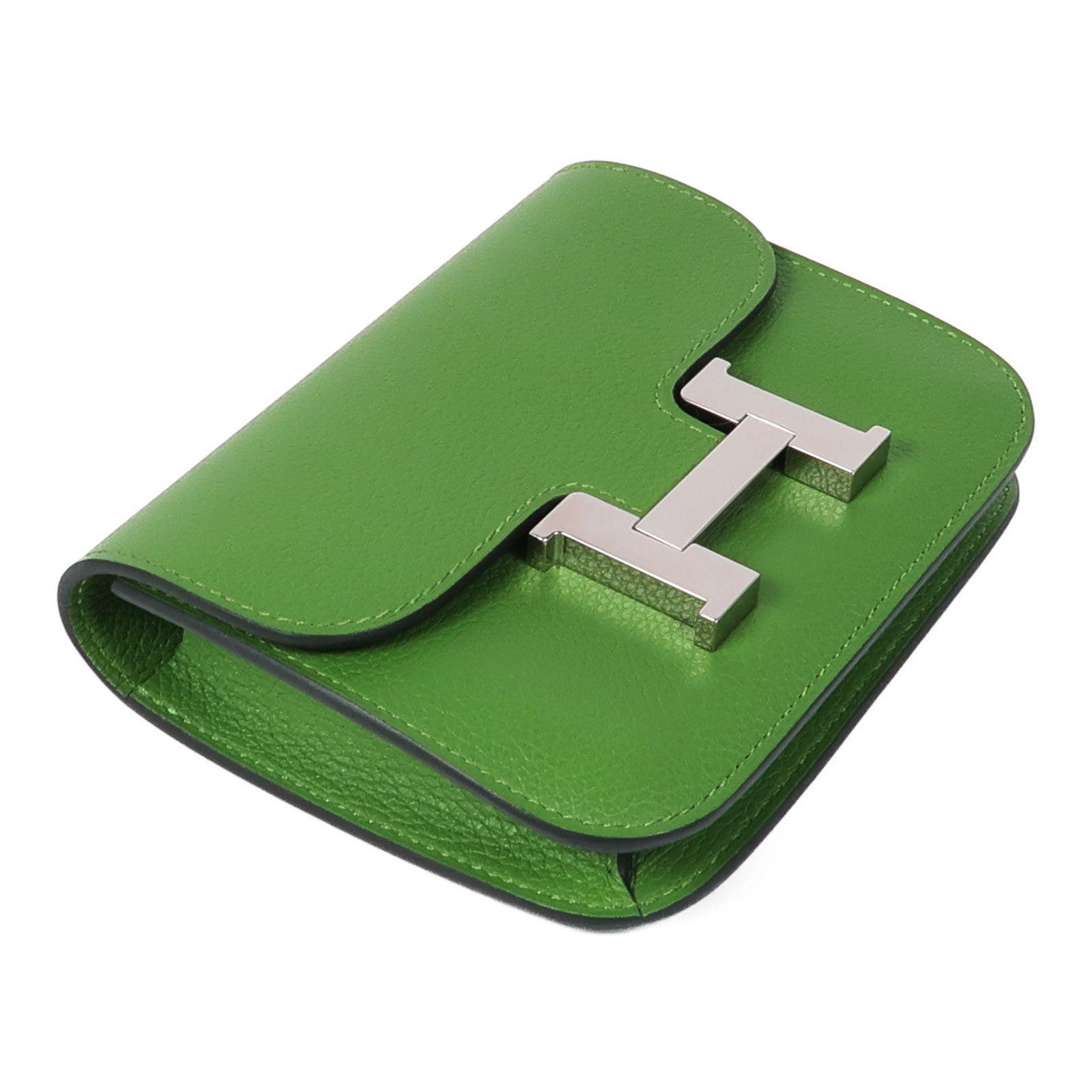 HERMES Evercolor皮革Constance Slim銀扣錢包Vert Yucca/Mauve Pale