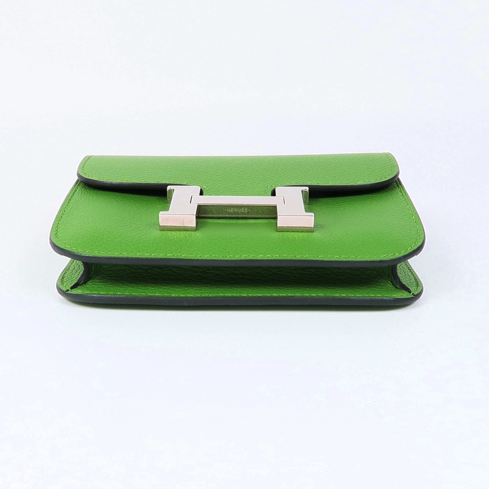 HERMES Evercolor皮革Constance Slim銀扣錢包Vert Yucca/Mauve Pale