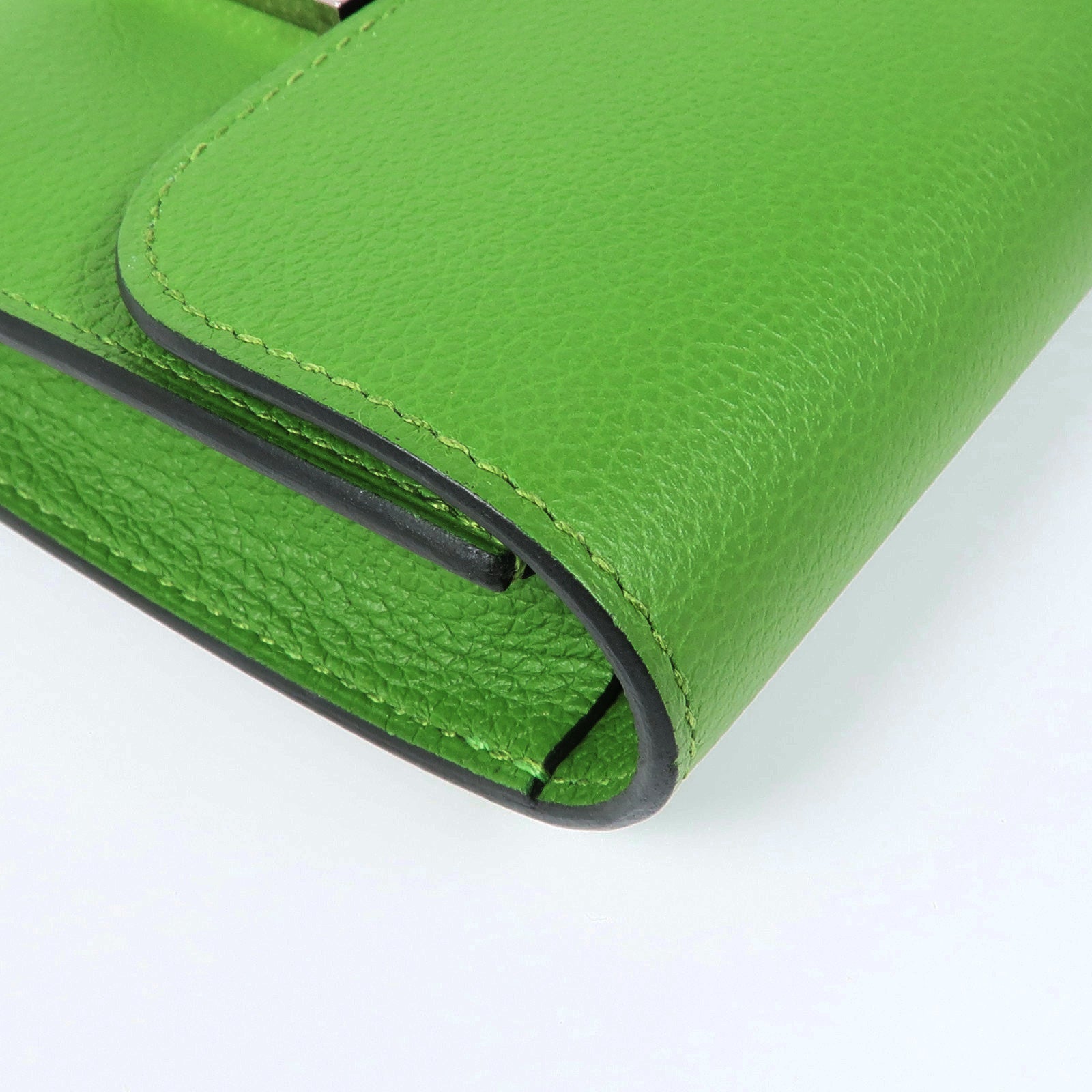 HERMES Evercolor皮革Constance Slim銀扣錢包Vert Yucca/Mauve Pale