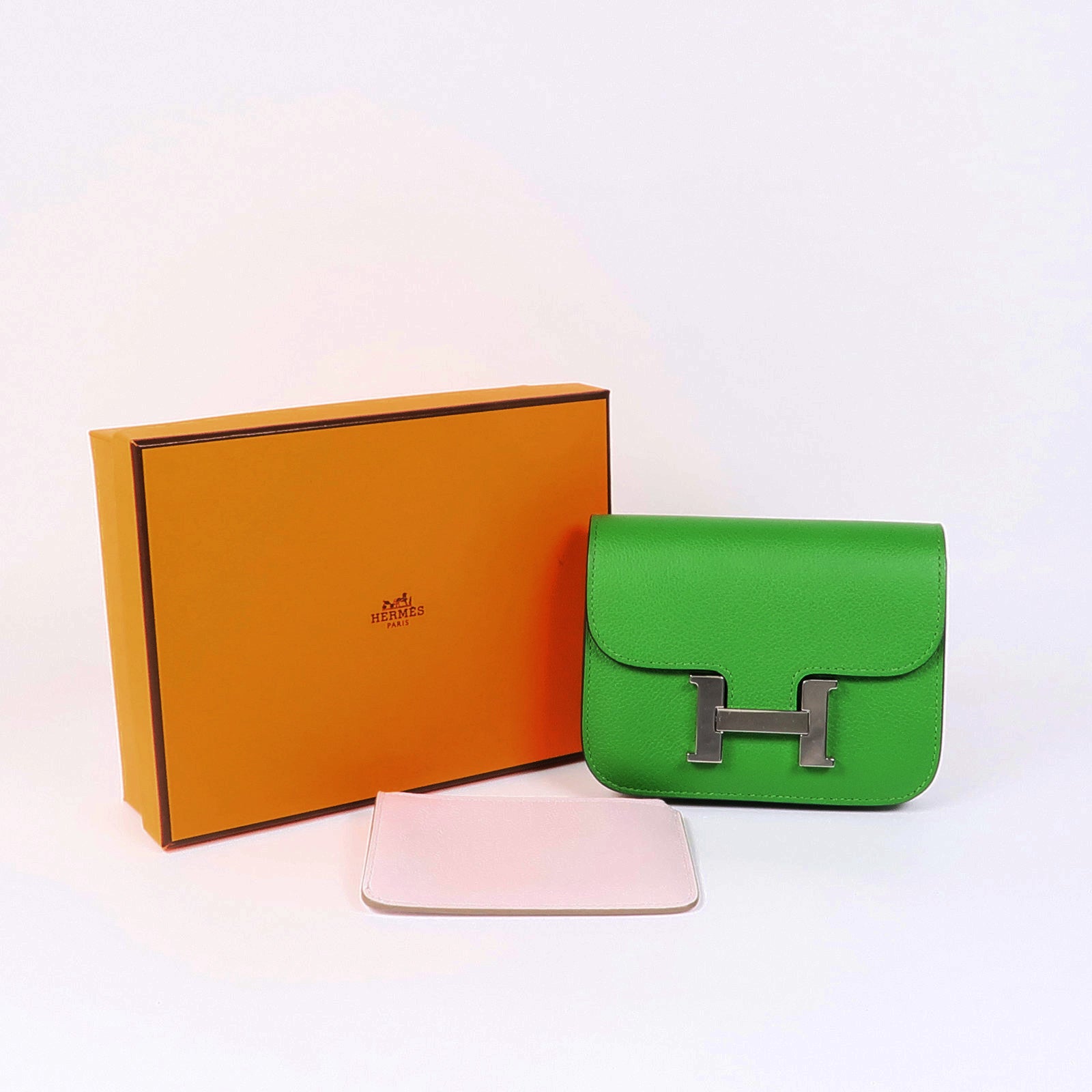 HERMES Evercolor皮革Constance Slim銀扣錢包Vert Yucca/Mauve Pale