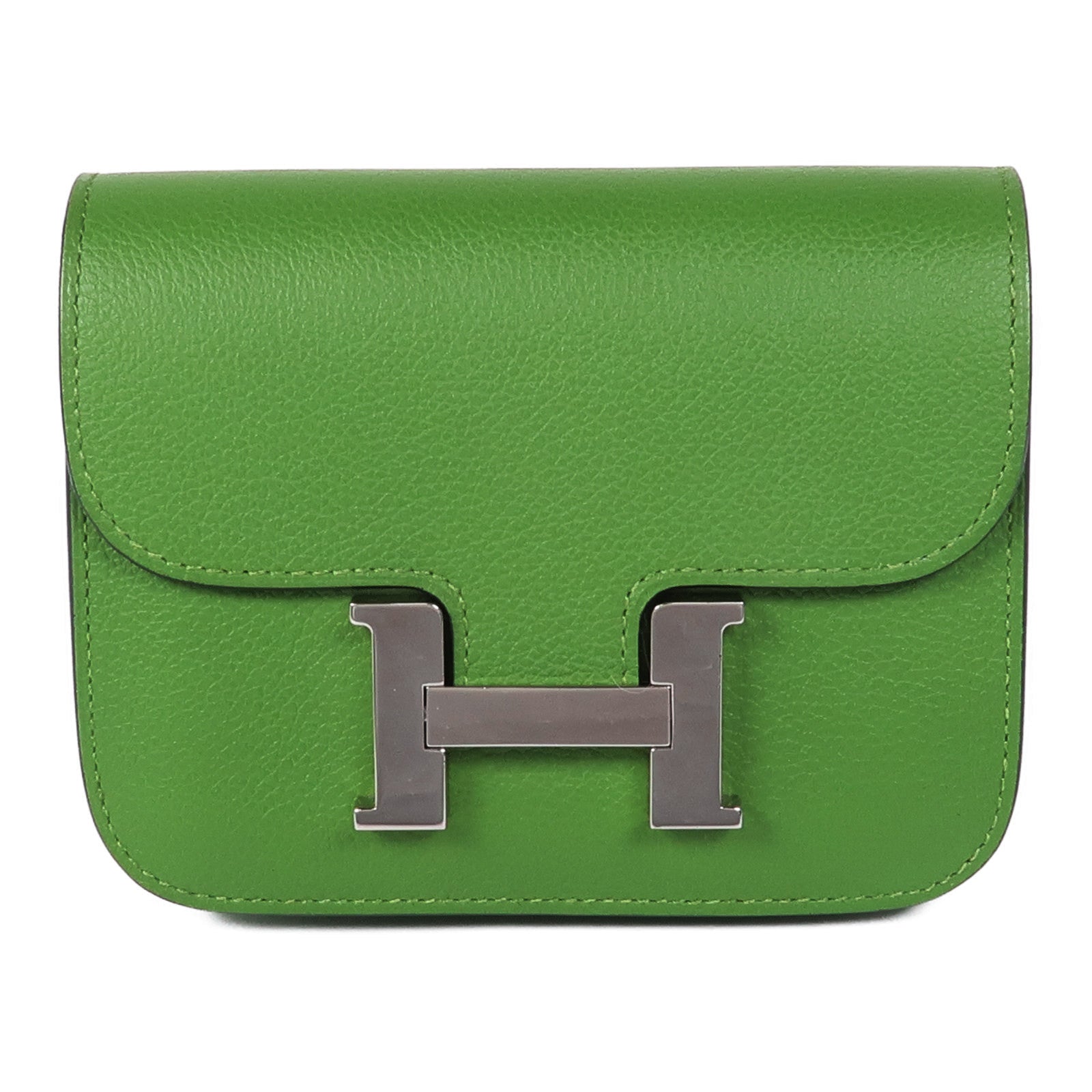 HERMES Evercolor皮革Constance Slim銀扣錢包Vert Yucca/Mauve Pale
