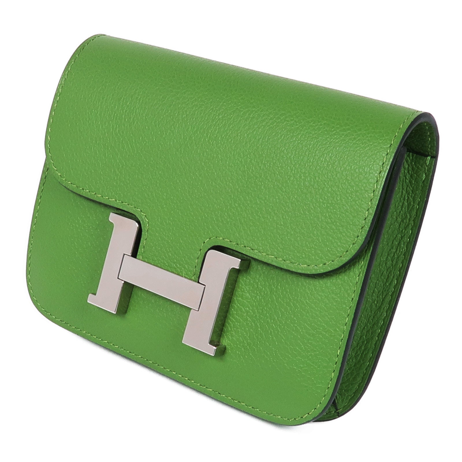 HERMES Evercolor皮革Constance Slim銀扣錢包Vert Yucca/Mauve Pale