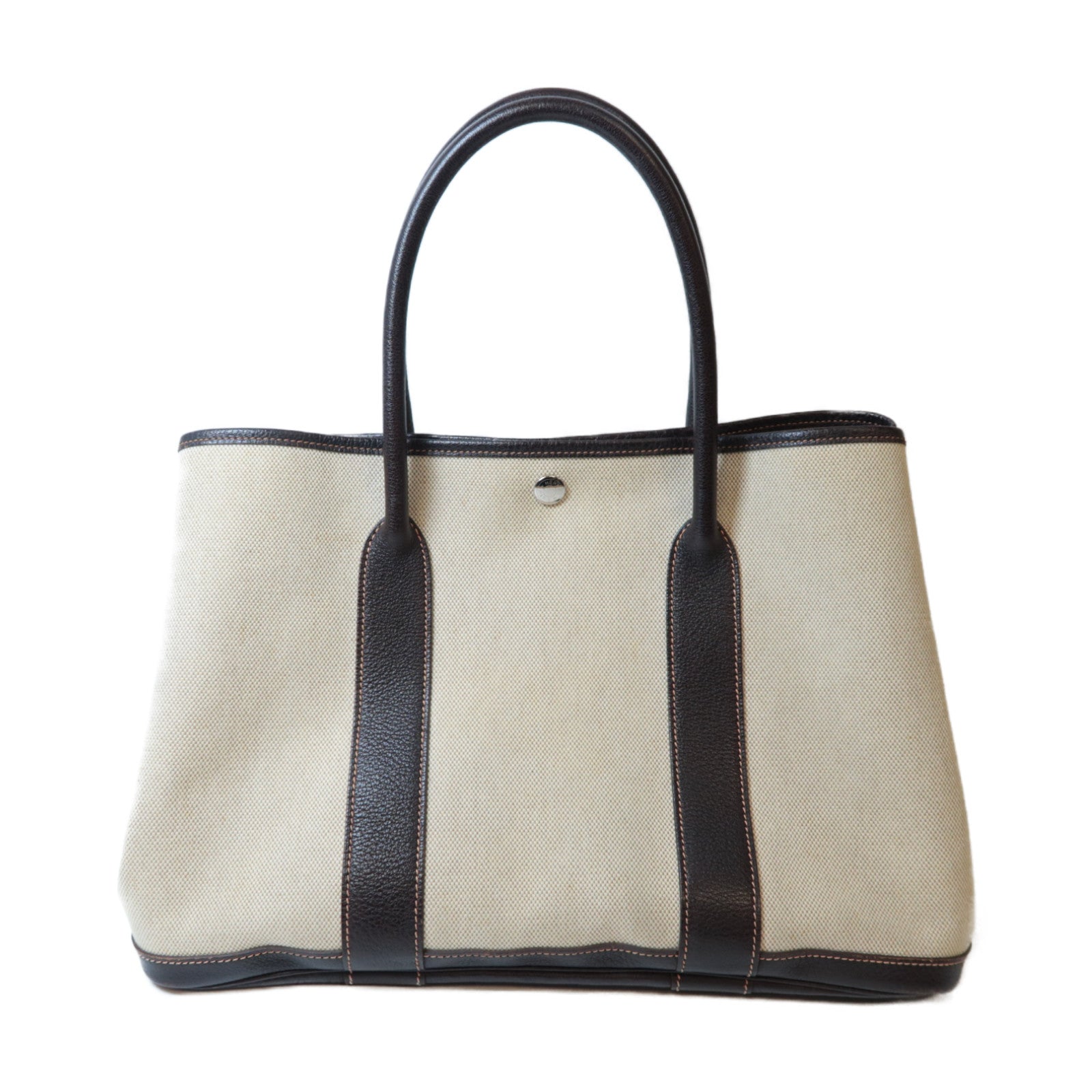 HERMES 【激減優惠】帆布GardenParty PM Toile銀扣手挽袋啡色