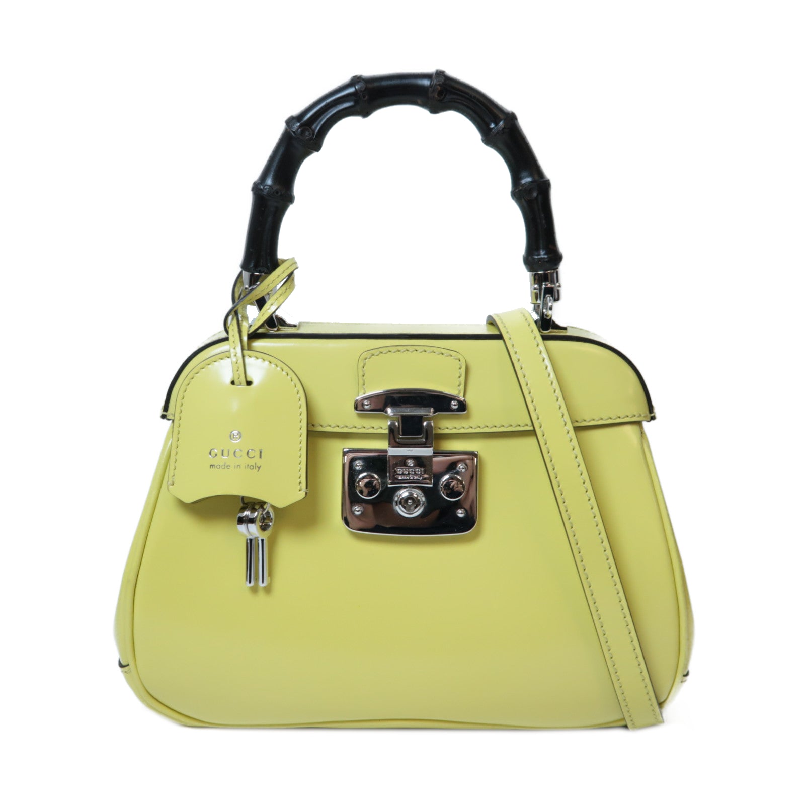 GUCCI 【激減優惠】竹柄/牛皮皮革Bamboo Lady Lock Bag銀扣手挽肩背兩用袋黃色