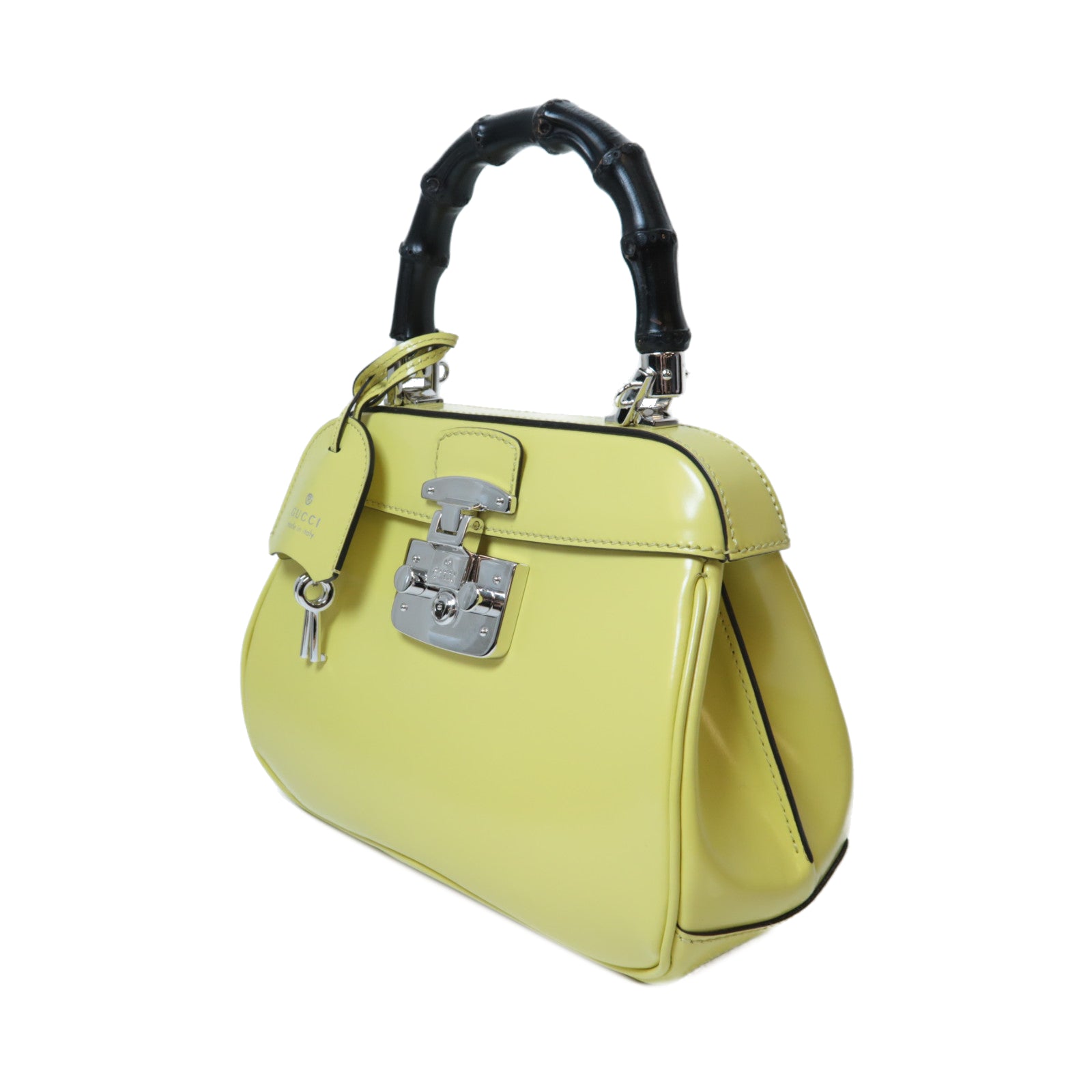 GUCCI 【激減優惠】竹柄/牛皮皮革Bamboo Lady Lock Bag銀扣手挽肩背兩用袋黃色