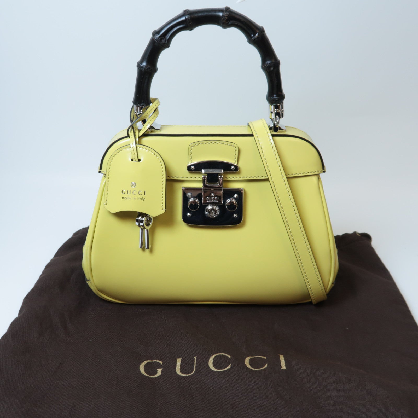 GUCCI 【激減優惠】竹柄/牛皮皮革Bamboo Lady Lock Bag銀扣手挽肩背兩用袋黃色
