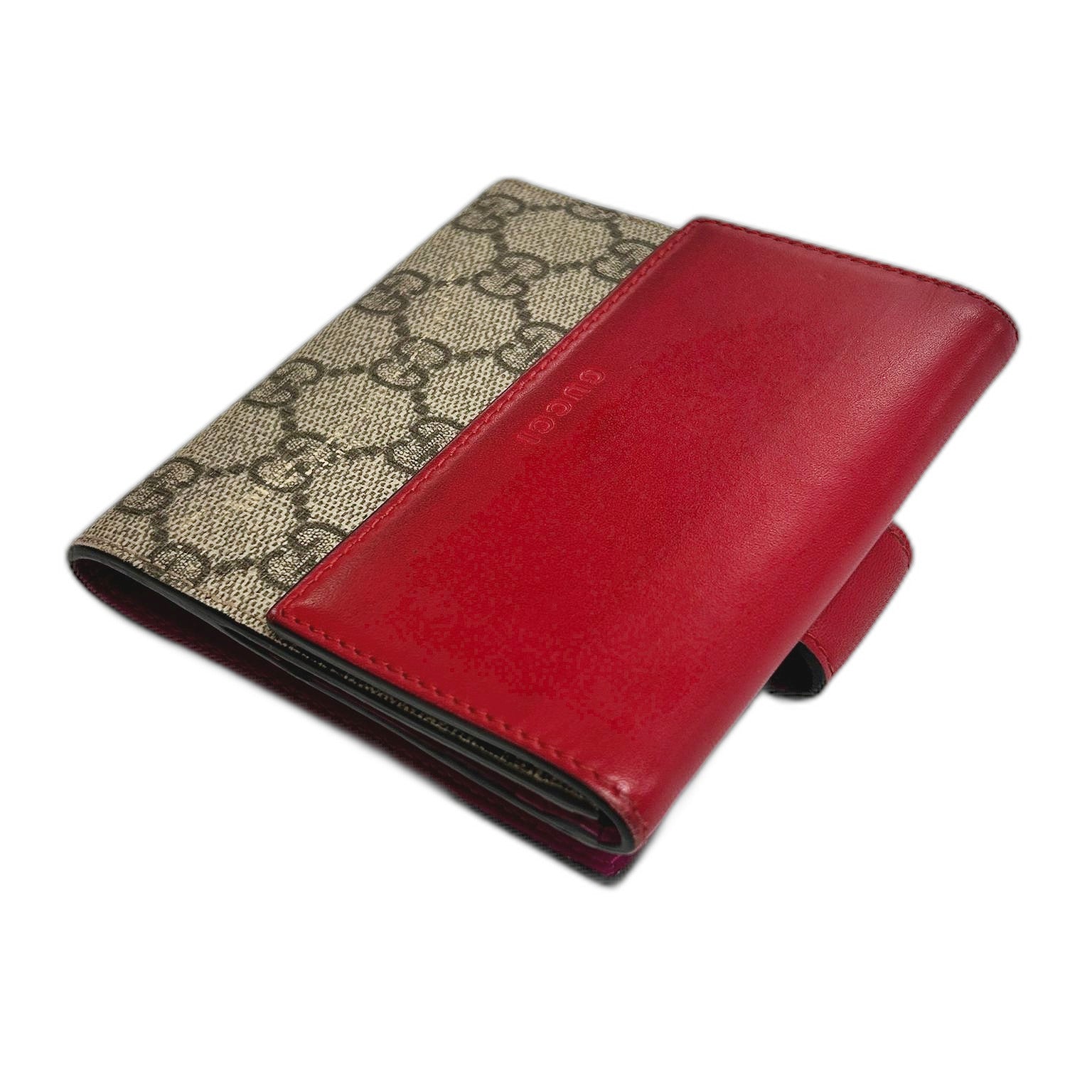 GUCCI 塗層帆布GG Supreme Wallet金扣短錢包啡色/紅色