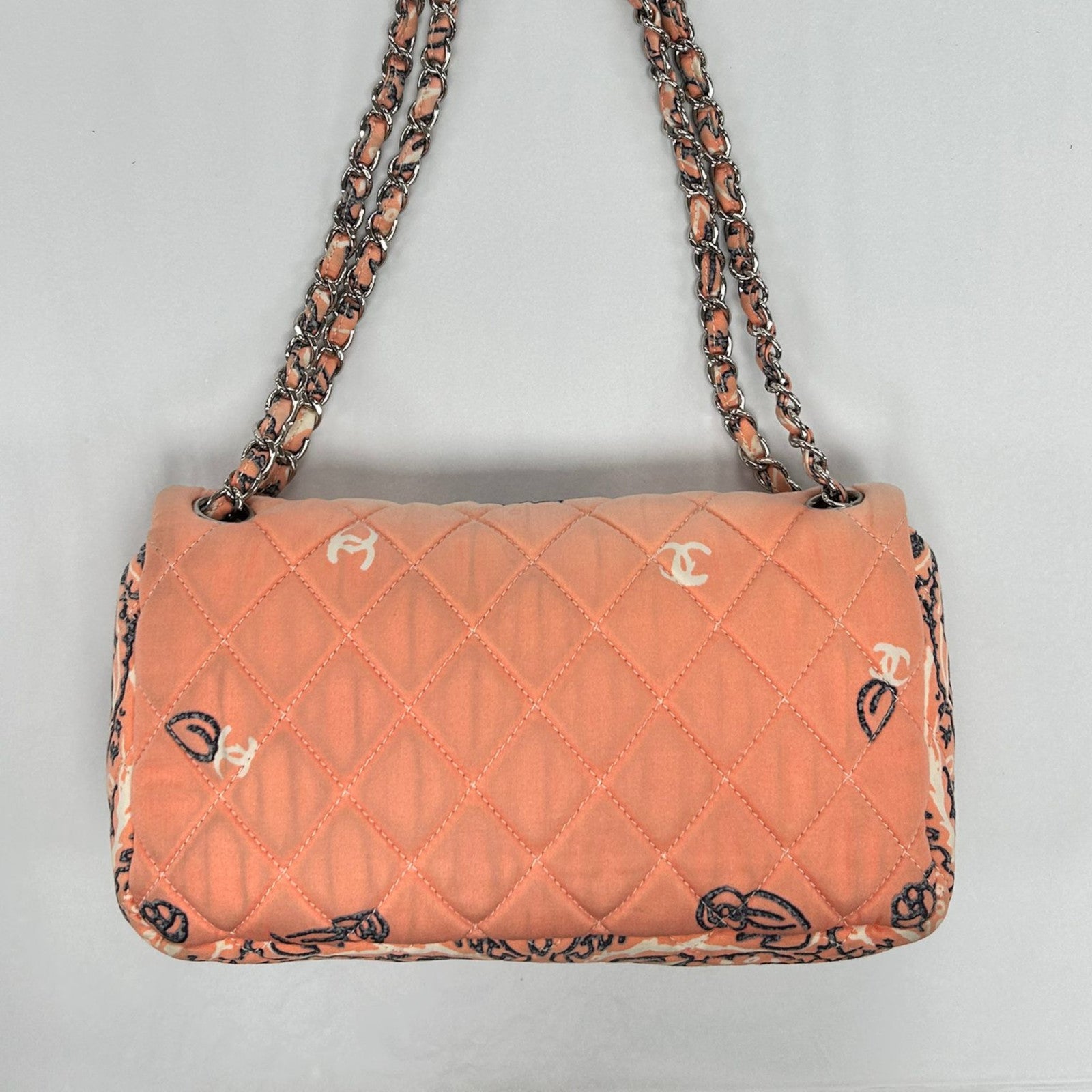 CHANEL 帆布Chain Shoulder Bag銀扣鏈帶肩背袋粉紅色