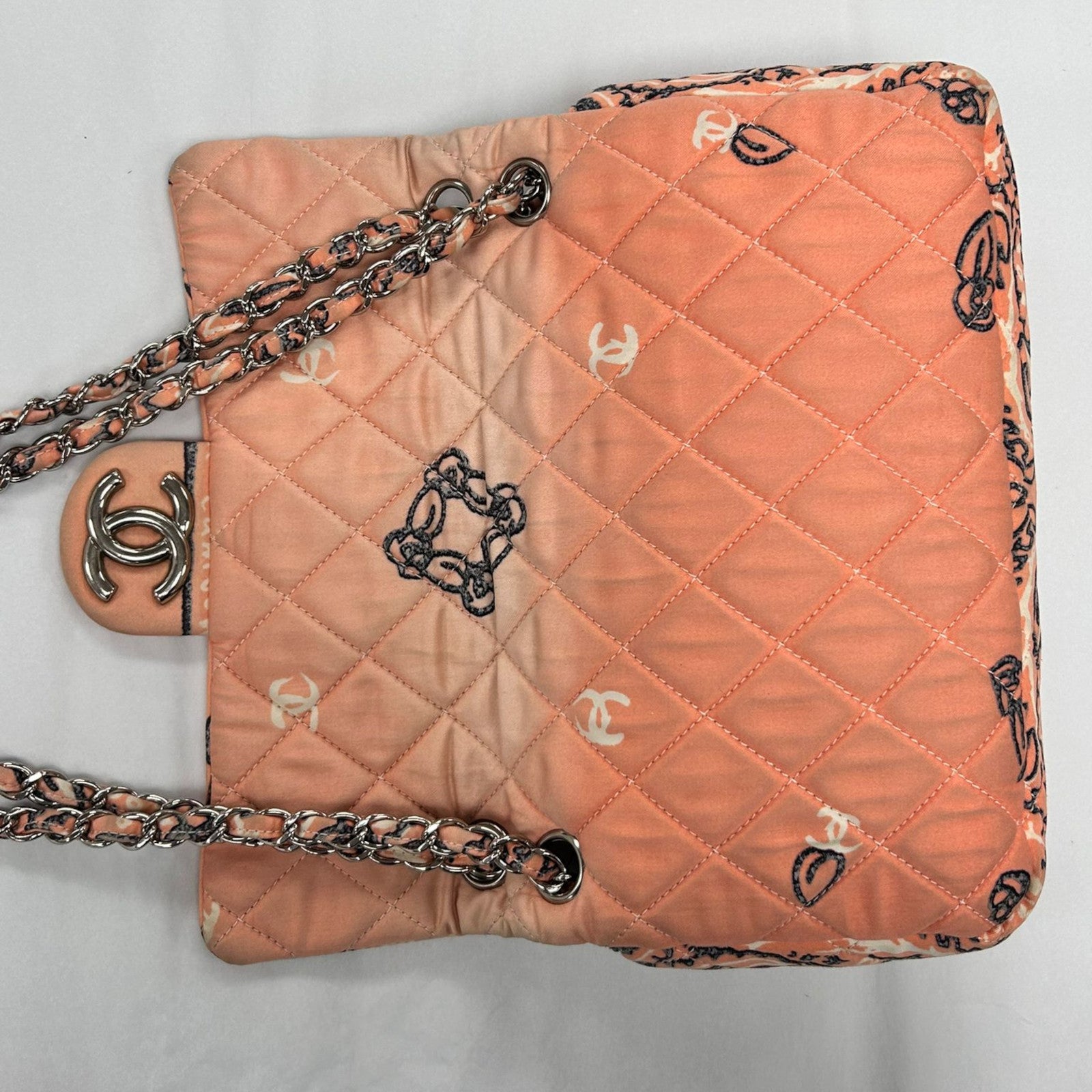CHANEL 帆布Chain Shoulder Bag銀扣鏈帶肩背袋粉紅色