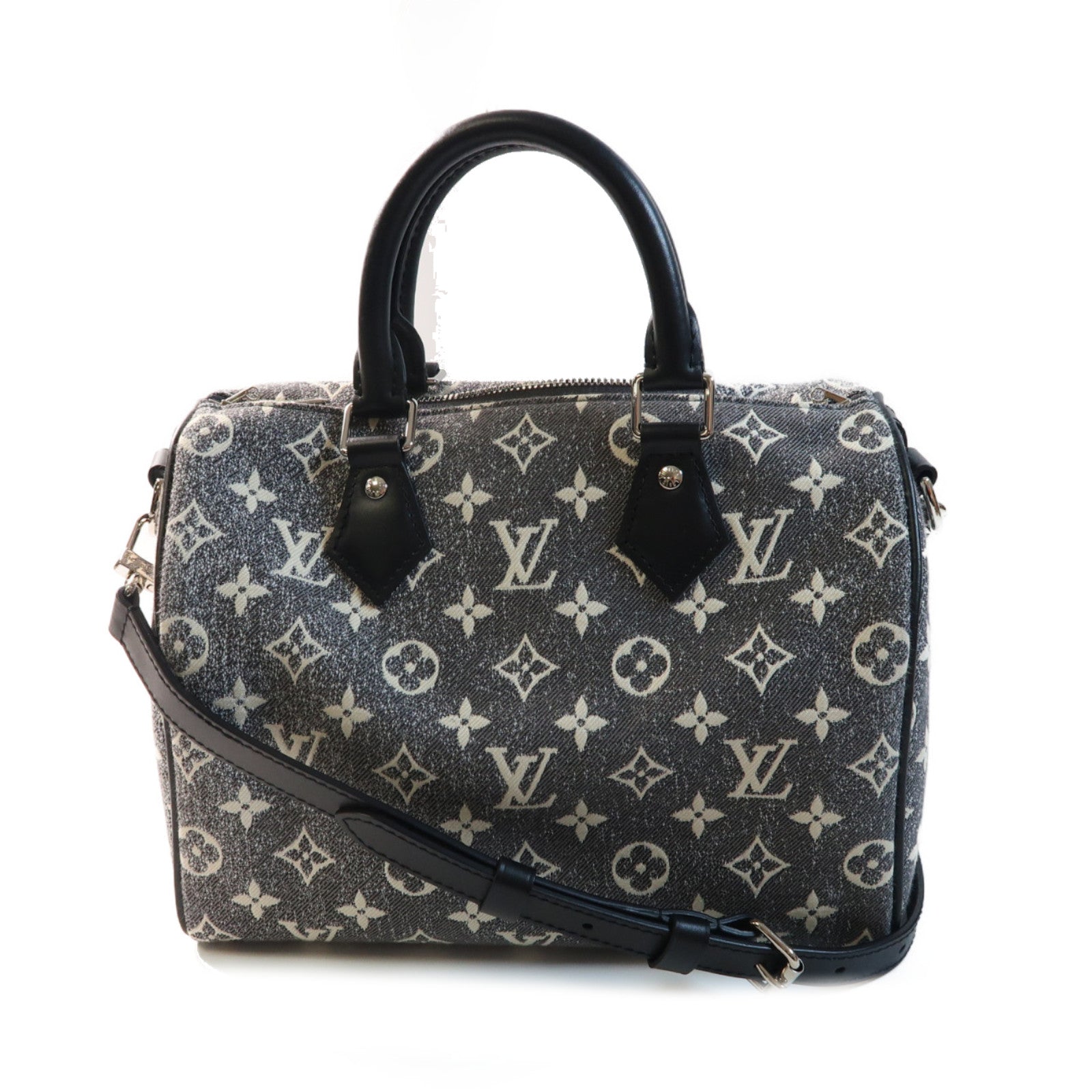 LOUIS VUITTON Monogram Jacquard Denim Speedy Bandouliere 25銀扣手挽肩背兩用袋灰色