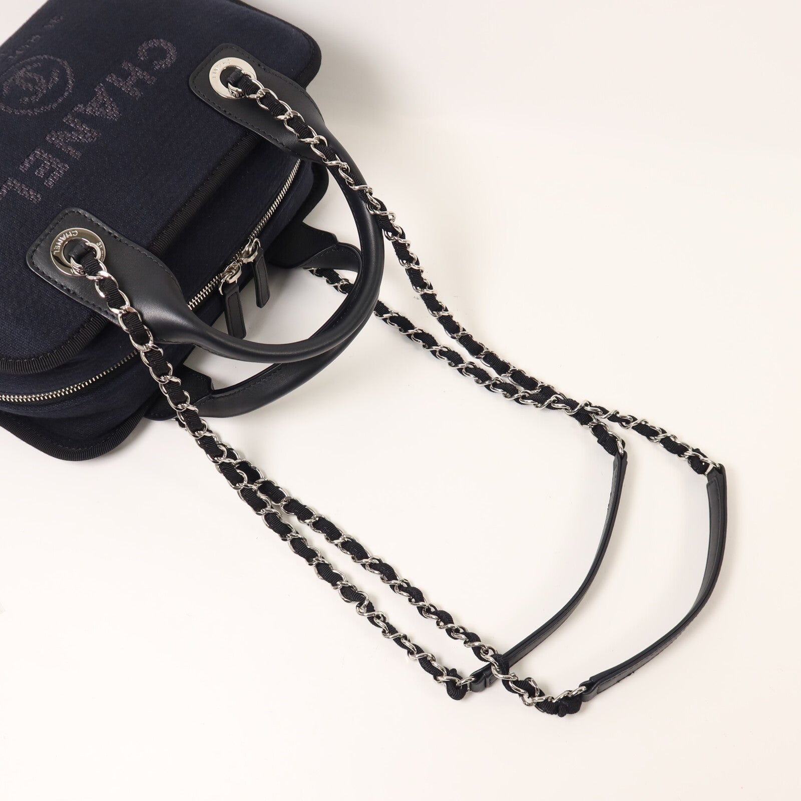 CHANEL 帆布Deauville Bowling鏈帶手挽肩背兩用袋