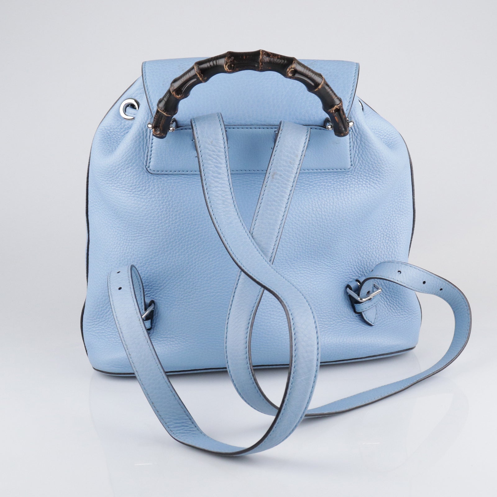 GUCCI cowhide leather Bamboo Backpack silver buckle backpack blue
