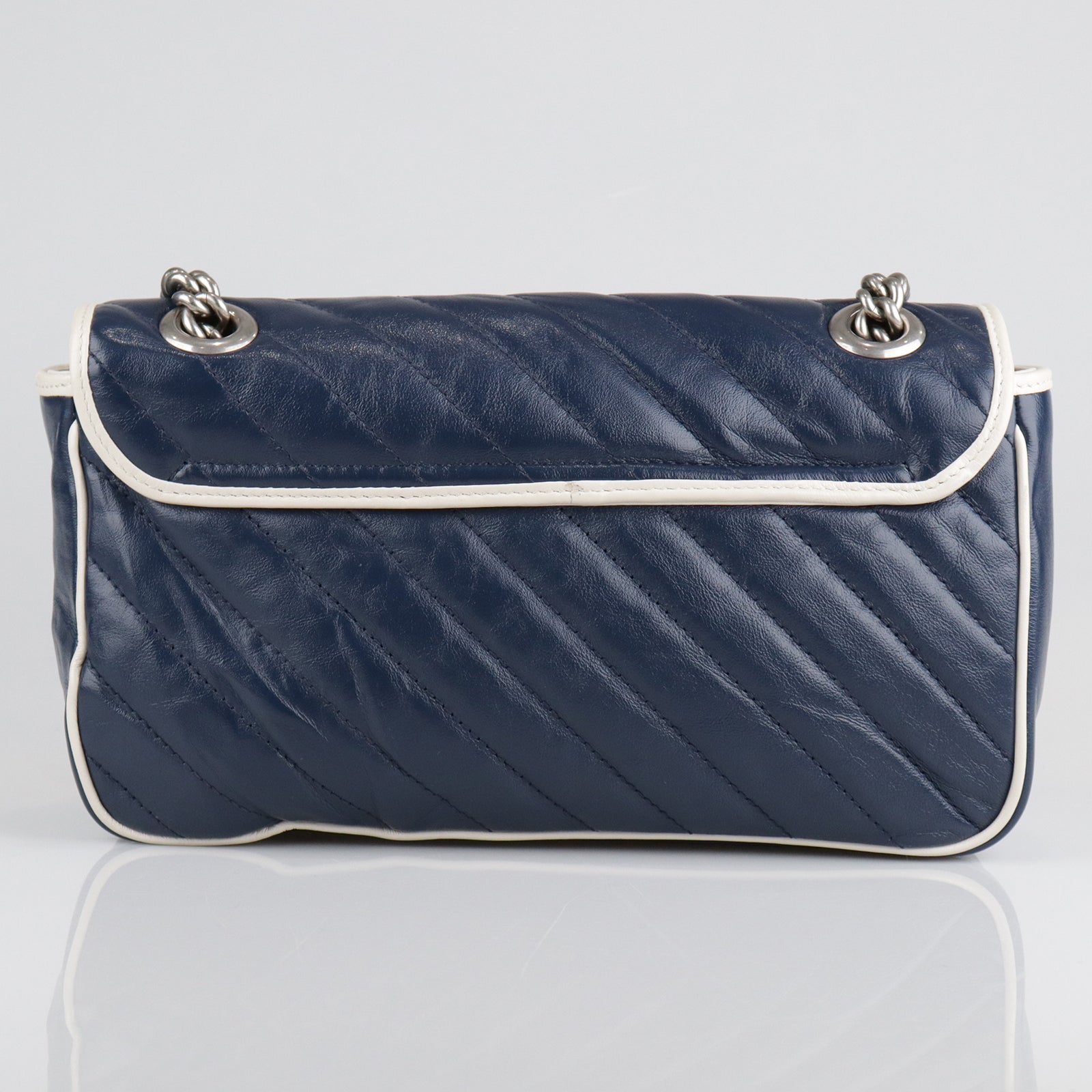 GUCCI Calf Leather GG Marmont Silver Buckle Shoulder Bag Blue/White