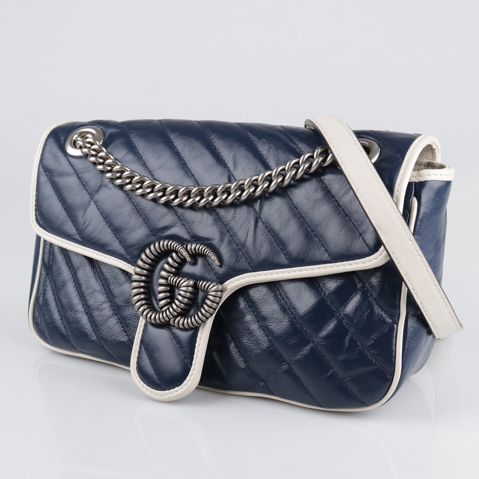 GUCCI Calf Leather GG Marmont Silver Buckle Shoulder Bag Blue/White