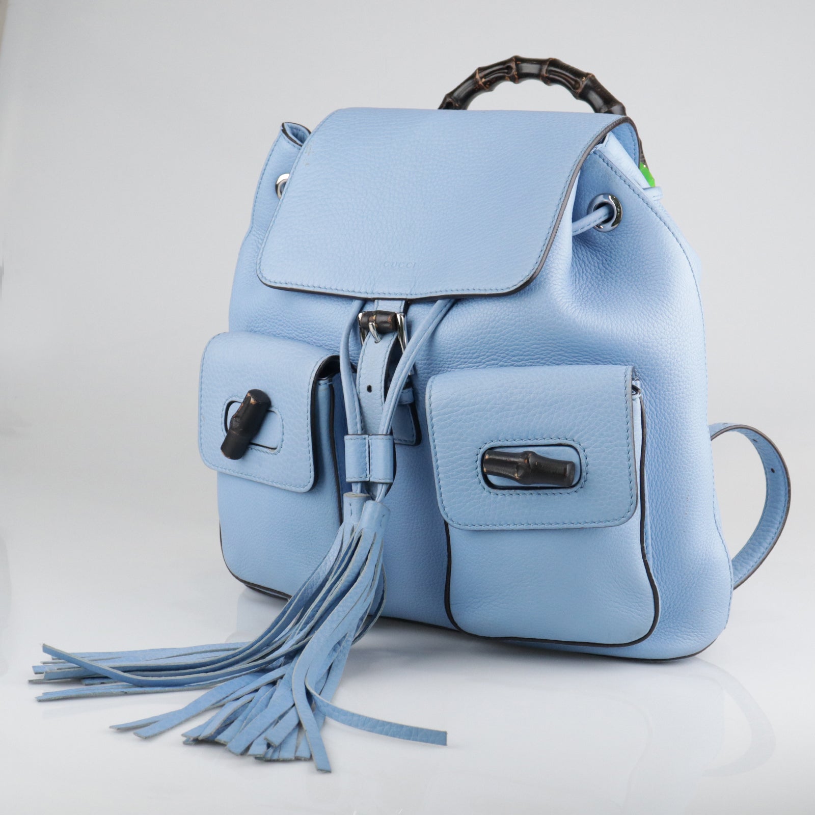 GUCCI cowhide leather Bamboo Backpack silver buckle backpack blue