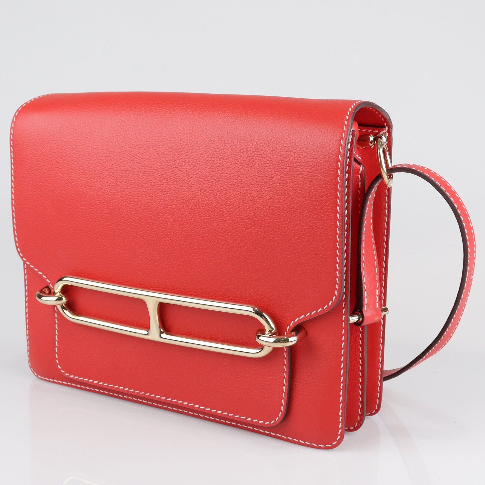 HERMES Evercolor Leather Roulis 23 Gold Buckle Shoulder Bag Red