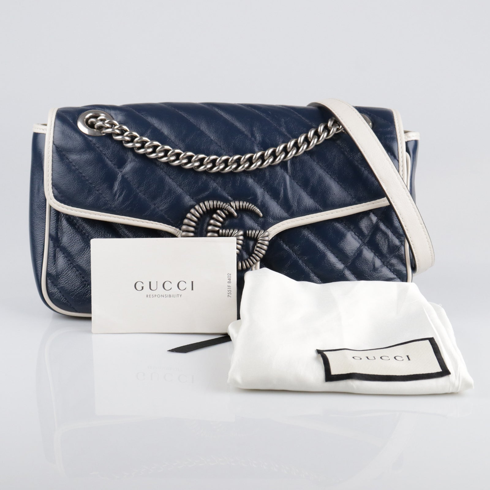 GUCCI Calf Leather GG Marmont Silver Buckle Shoulder Bag Blue/White