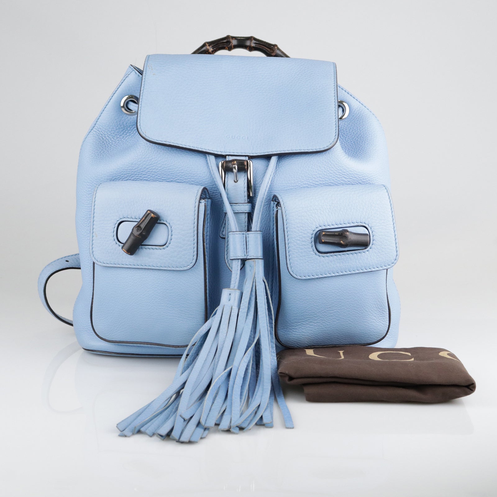 GUCCI cowhide leather Bamboo Backpack silver buckle backpack blue