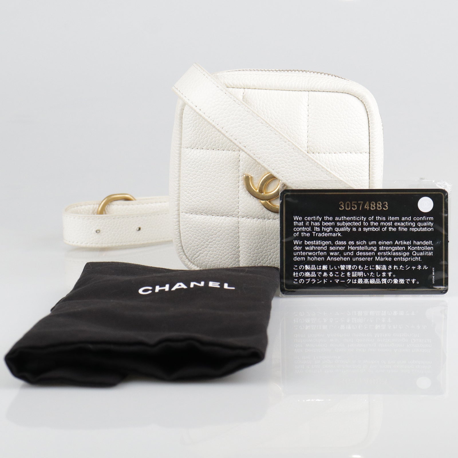 CHANEL Rhombus Caviar Leather Waist Bag Gold Buckle Waist Bag White