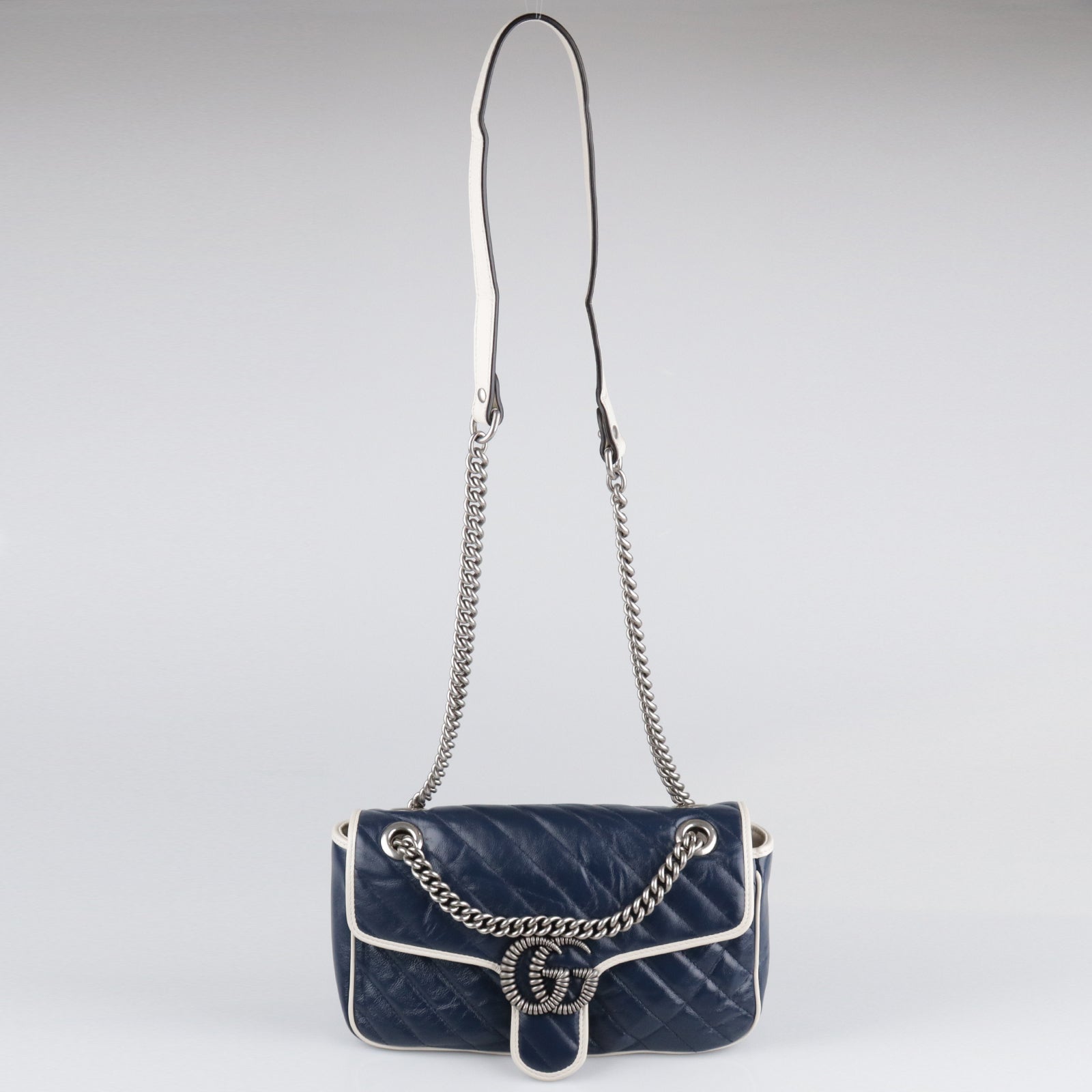 GUCCI Calf Leather GG Marmont Silver Buckle Shoulder Bag Blue/White