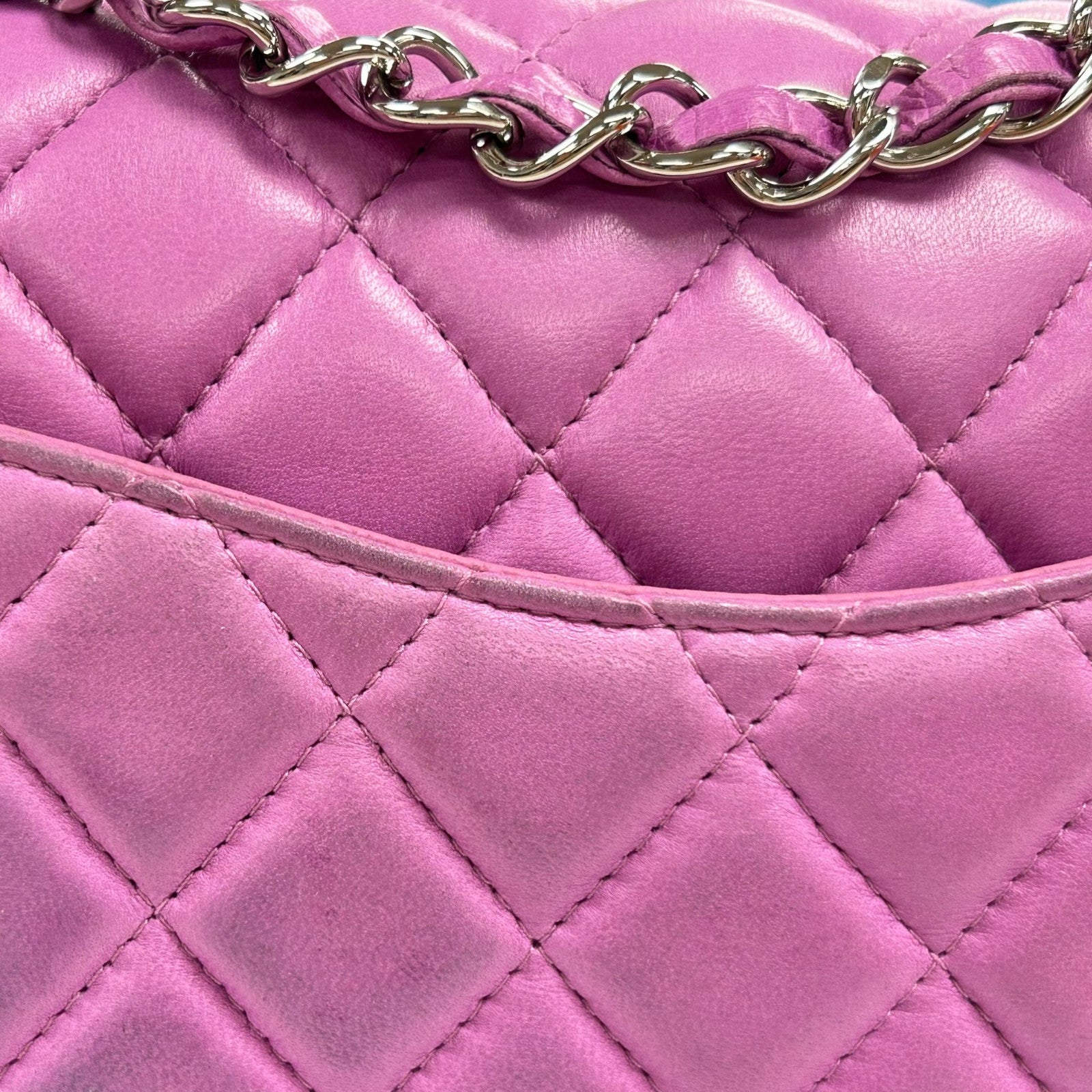 CHANEL 菱格羊皮皮革Chain Shoulder Bag銀扣鏈帶肩背袋紫色