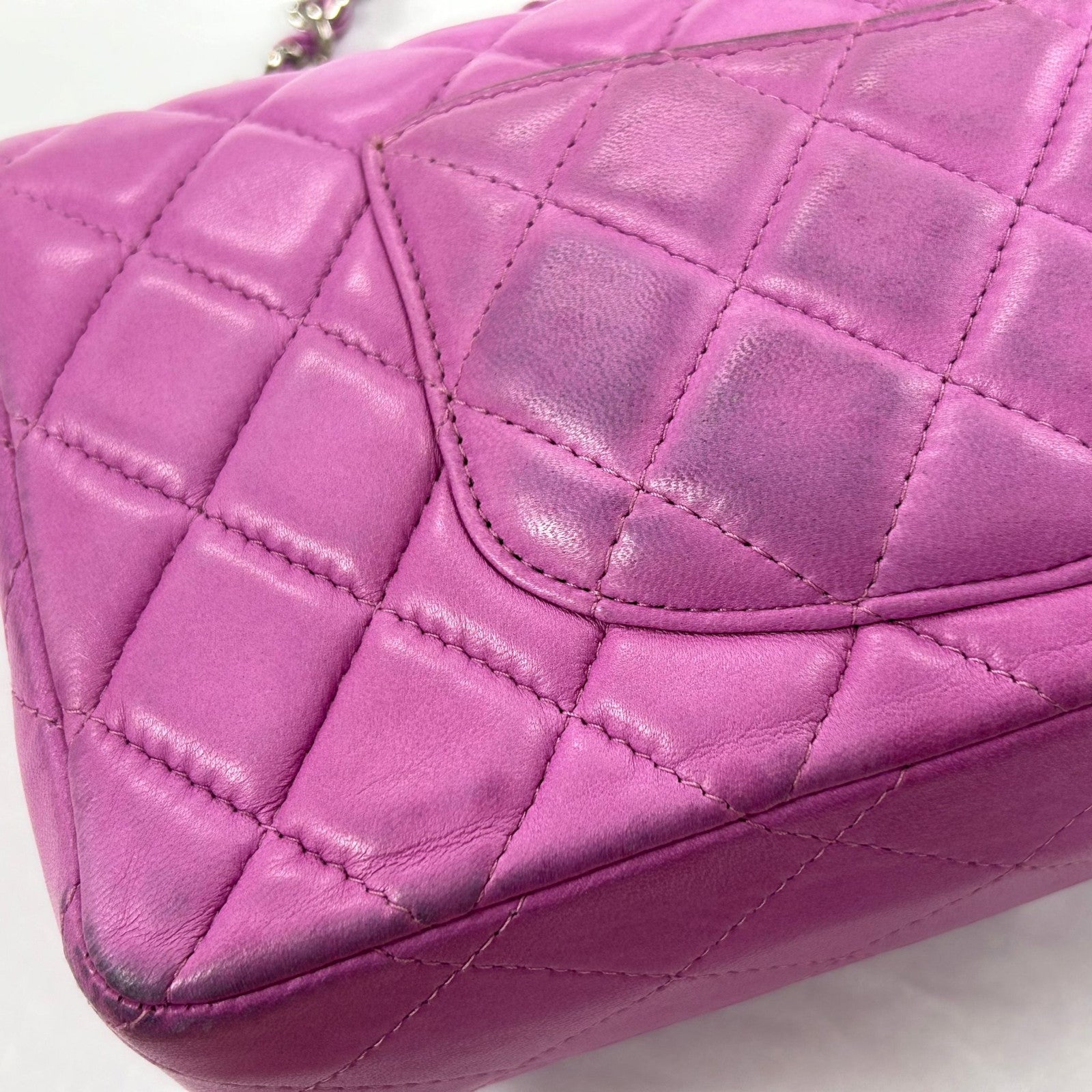 CHANEL 菱格羊皮皮革Chain Shoulder Bag銀扣鏈帶肩背袋紫色