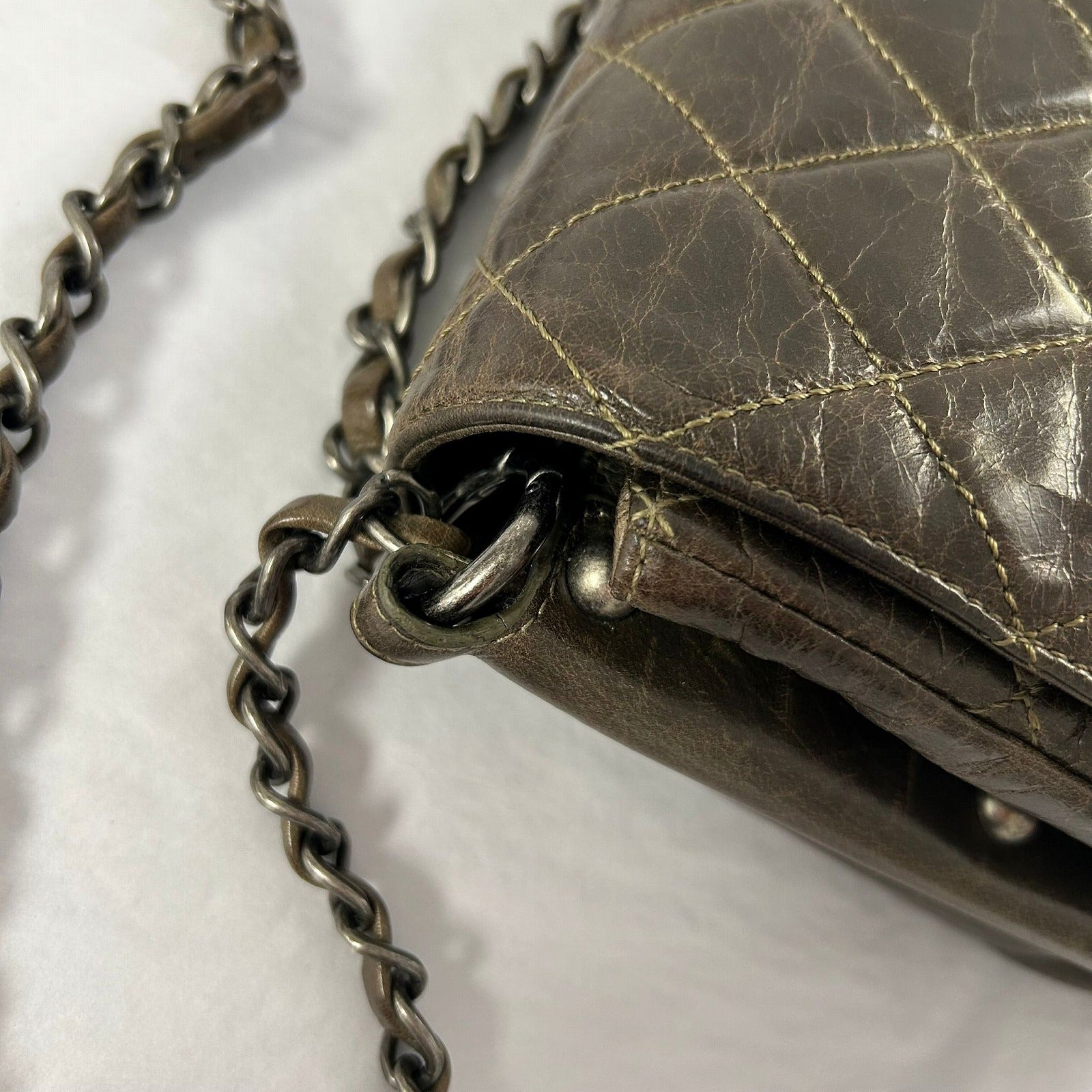CHANEL 菱格牛皮皮革Chain Shoulder銀扣鏈帶肩背袋啡色