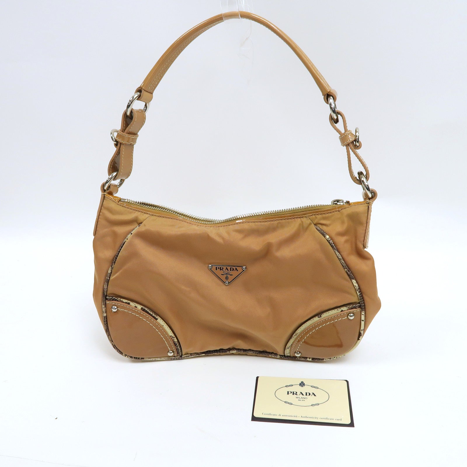 PRADA 尼龍/漆皮皮革Shoulder Bag銀扣肩背袋粉紅色