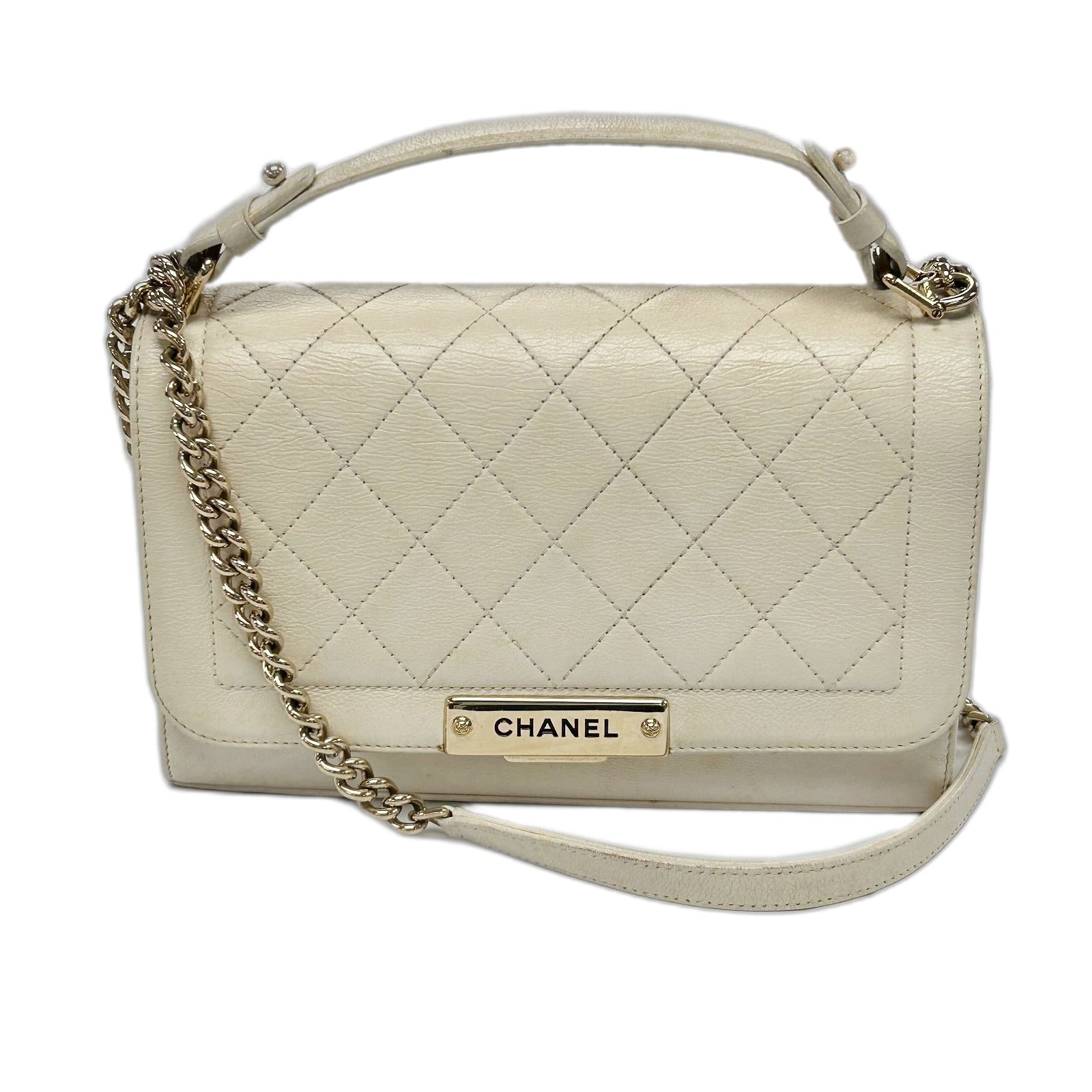 CHANEL 【激減優惠】菱格牛皮皮革2 Way Shoulder金扣手挽肩背兩用袋米色