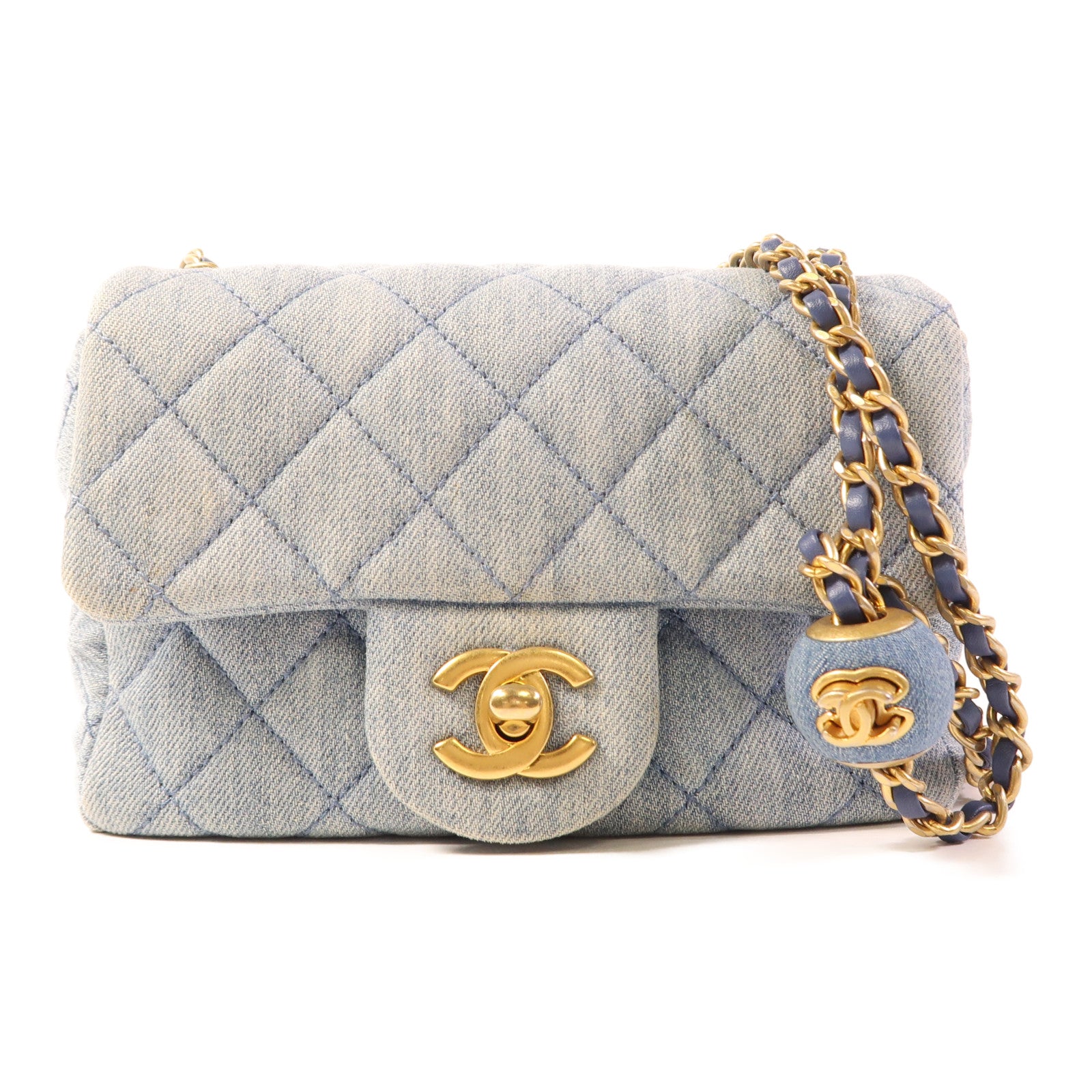 CHANEL 牛仔布Classic 17 With Gold Ball金扣鏈帶肩背袋