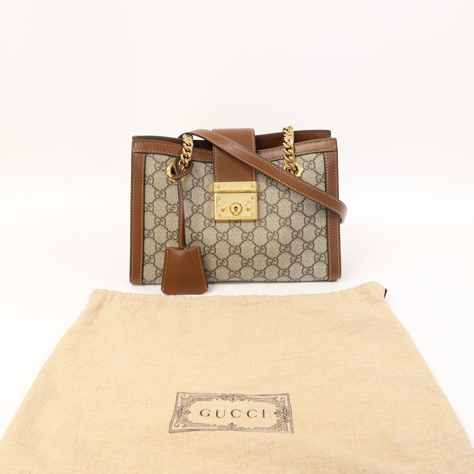 GUCCI 塗層帆布Padlock Small金扣鏈帶肩背袋啡色