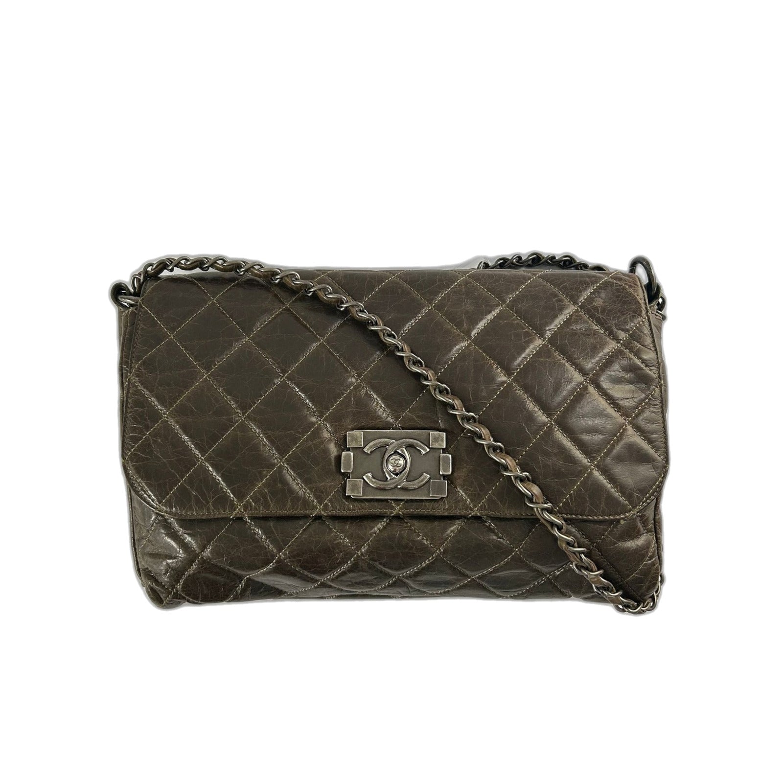 CHANEL 菱格牛皮皮革Chain Shoulder銀扣鏈帶肩背袋啡色