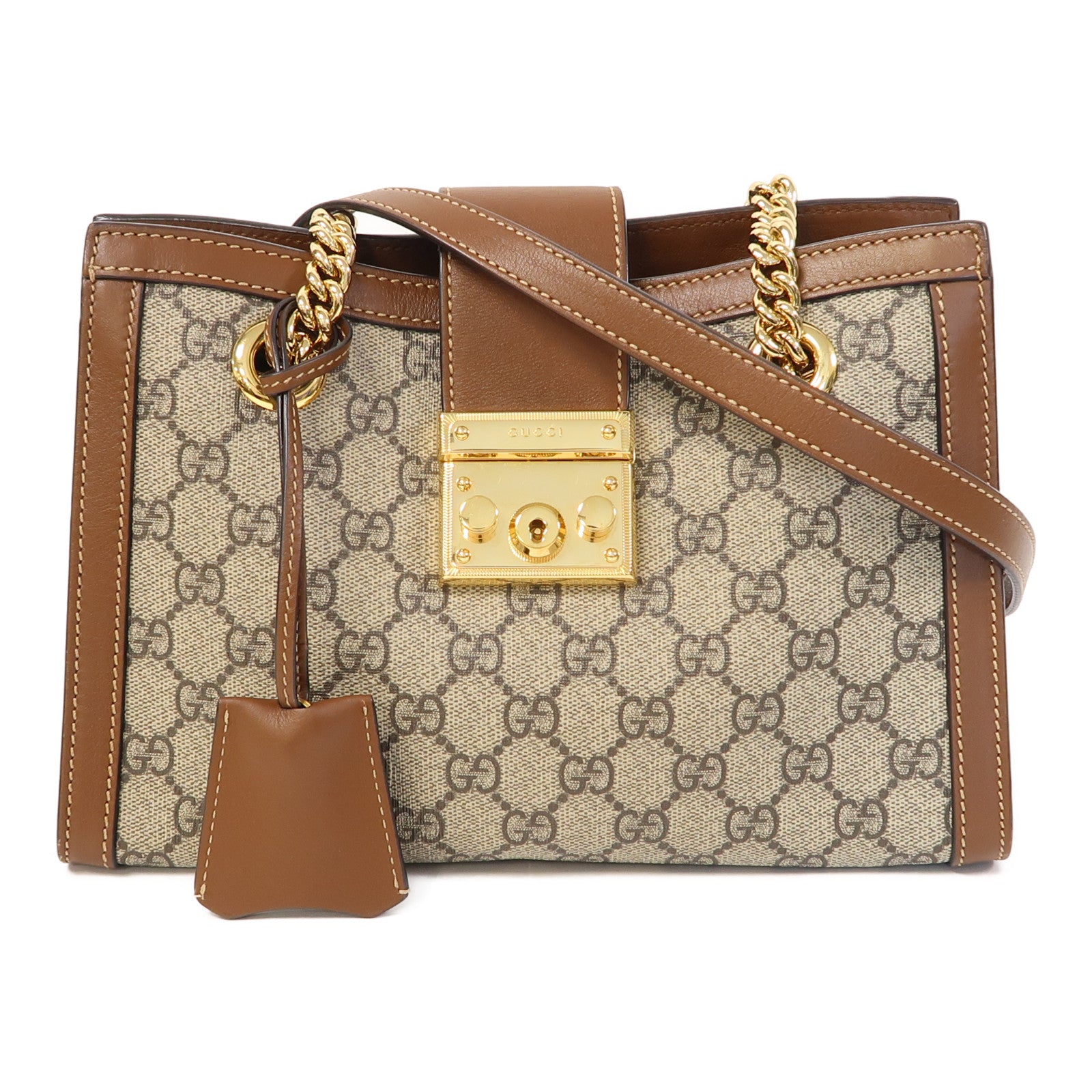 GUCCI 塗層帆布Padlock Small金扣鏈帶肩背袋啡色