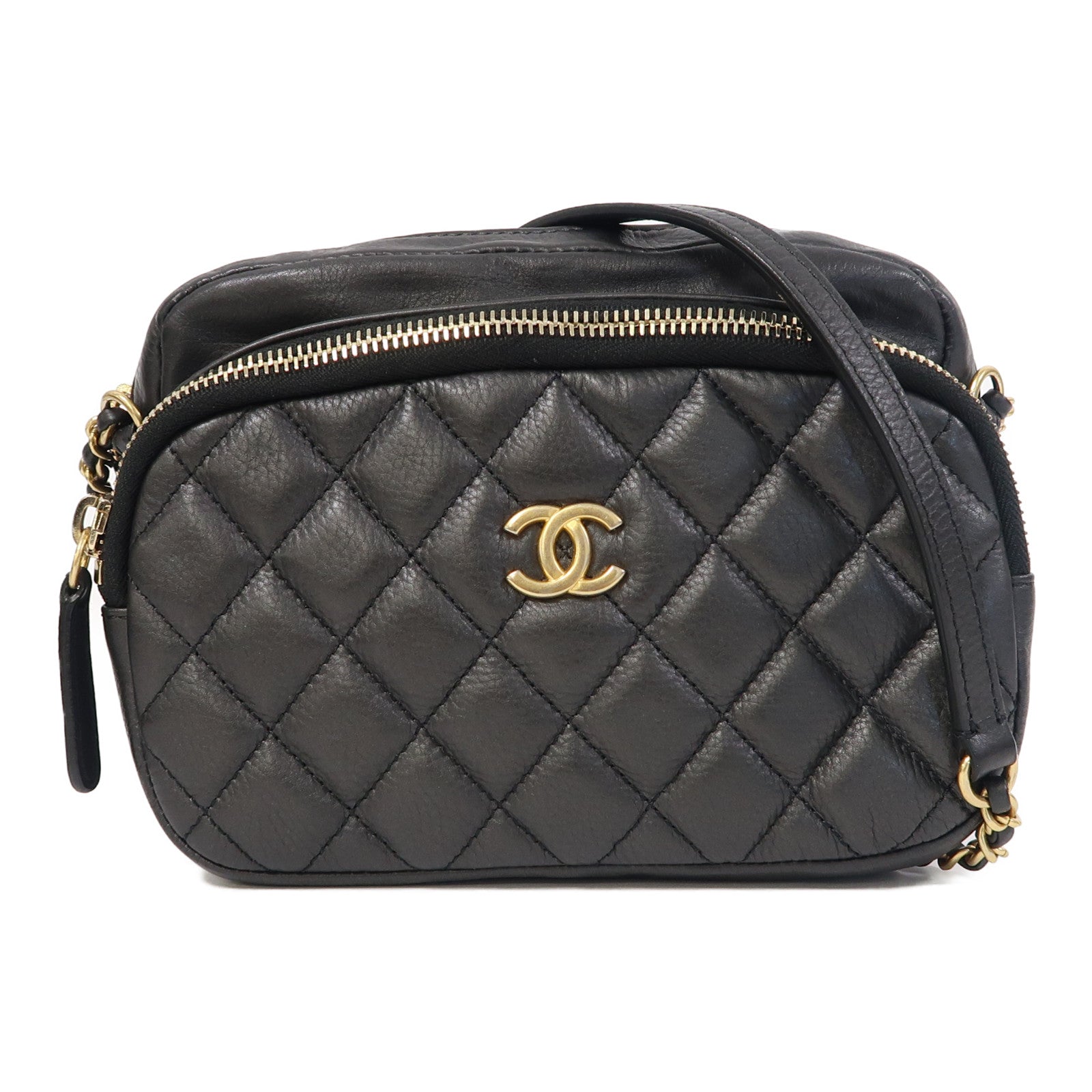 CHANEL 菱格羊皮皮革Chain Shoulder金扣鏈帶肩背袋黑色