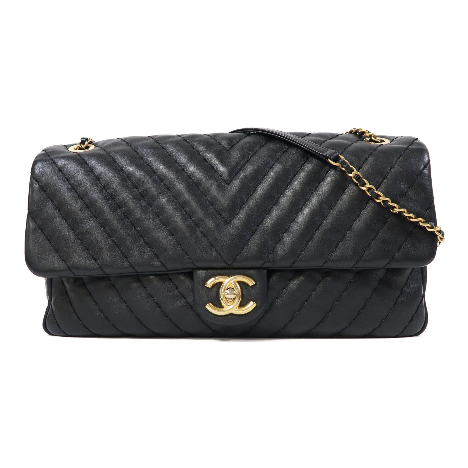 CHANEL 斜紋羊皮皮革Chain Shoulder金扣鏈帶肩背袋黑色
