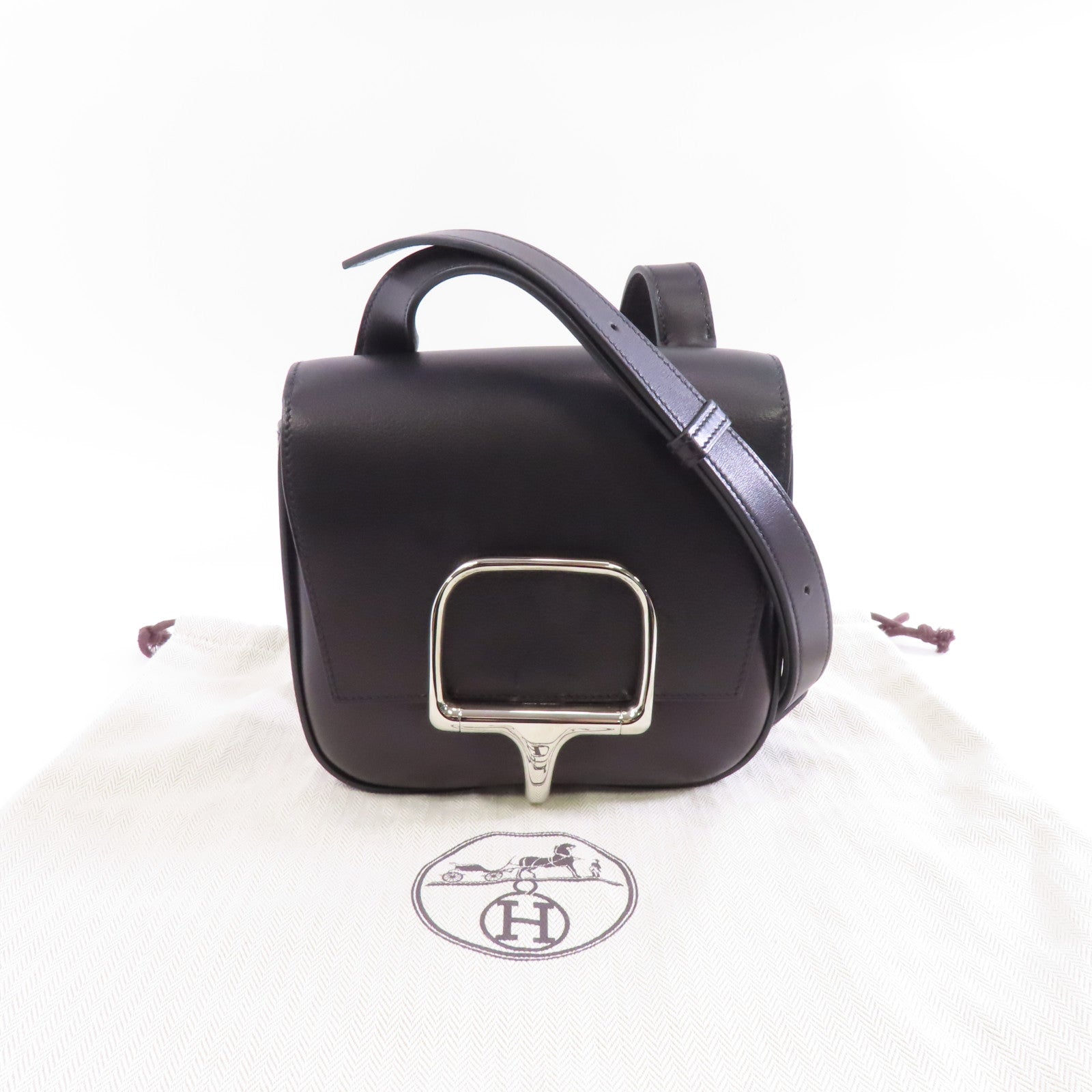 HERMES Evercolor皮革Della Cavalleria Mini銀扣肩背袋黑色