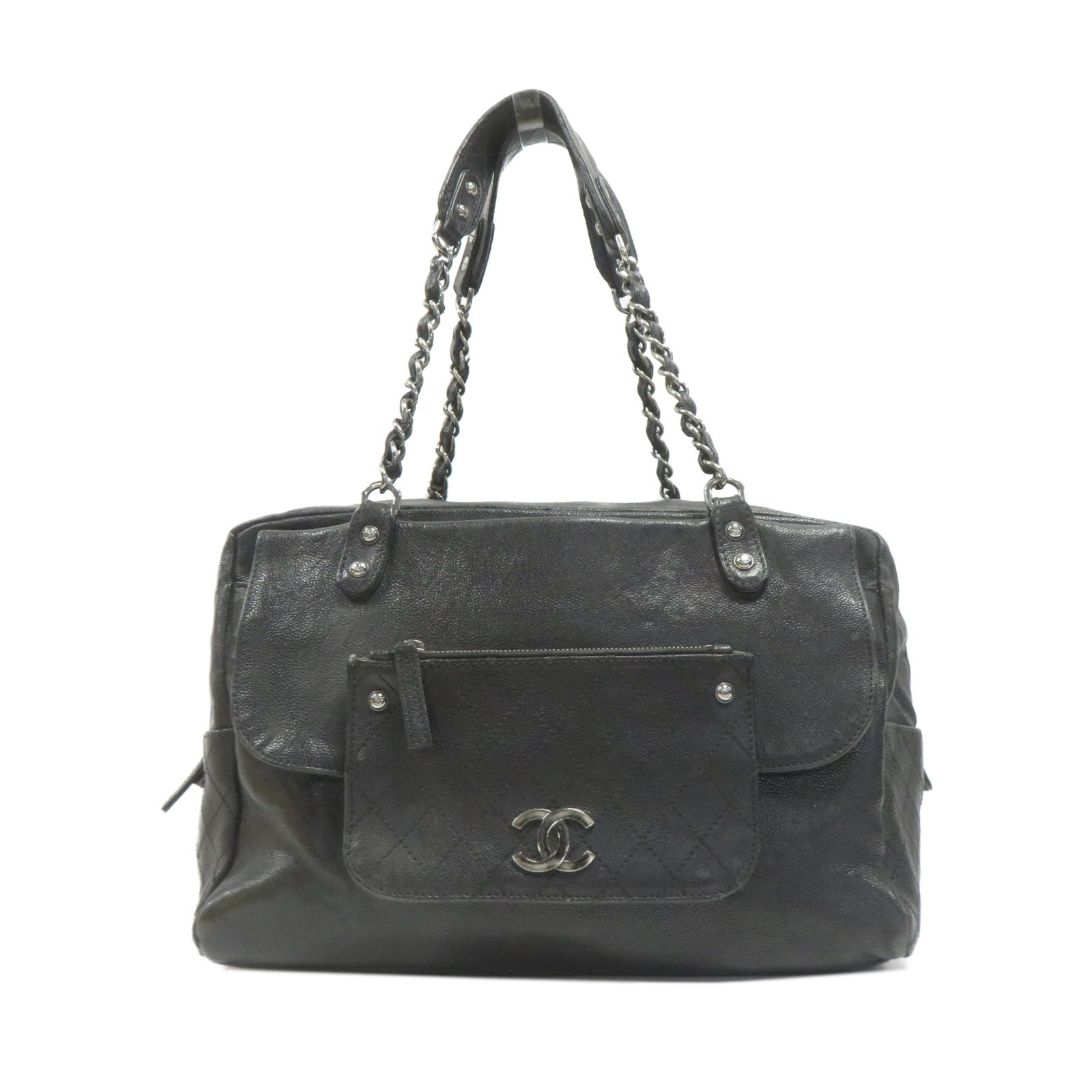 CHANEL 菱格Caviar皮革Chain Shoulder銀扣肩背袋黑色