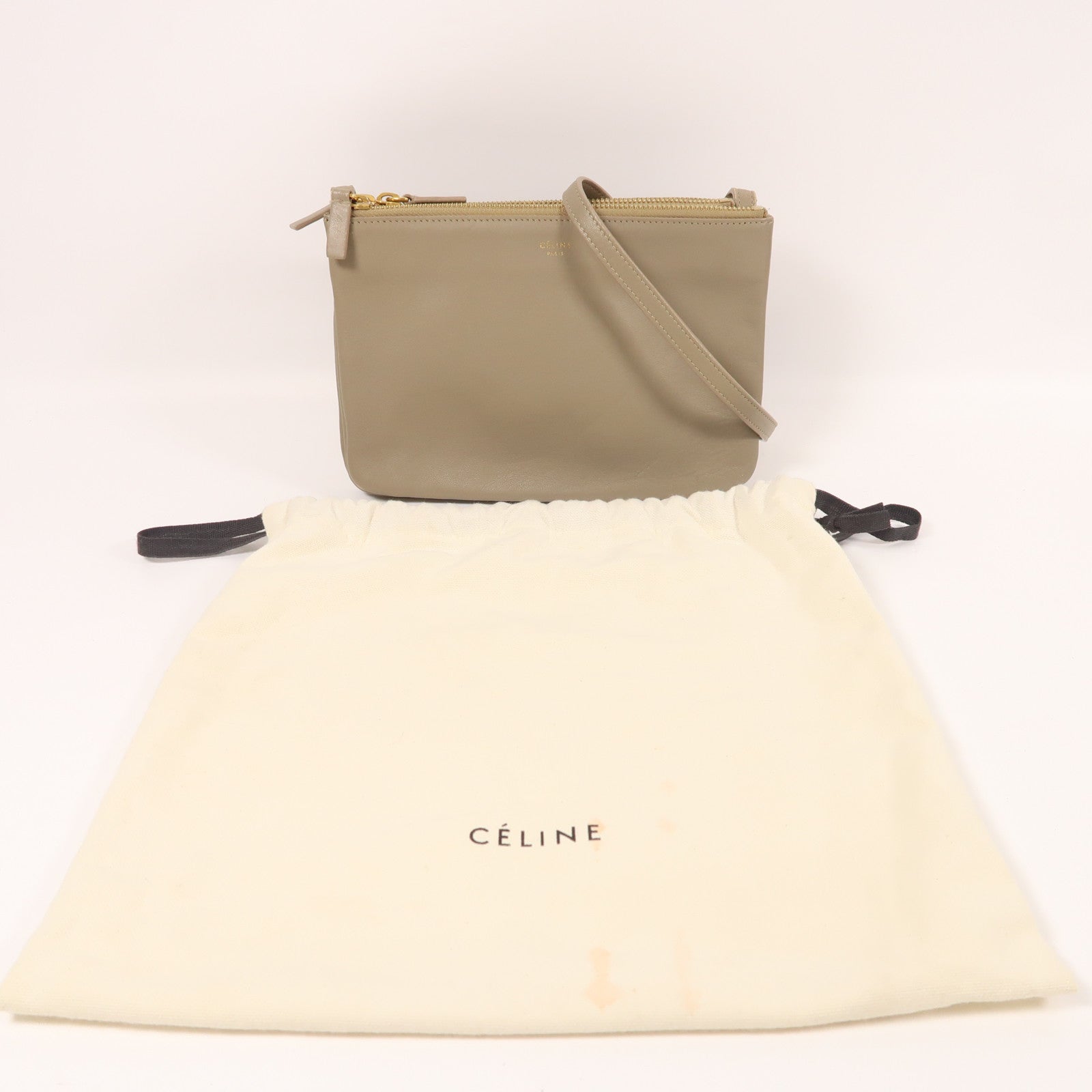 CELINE 羊皮皮革Trio金扣肩背袋卡其色