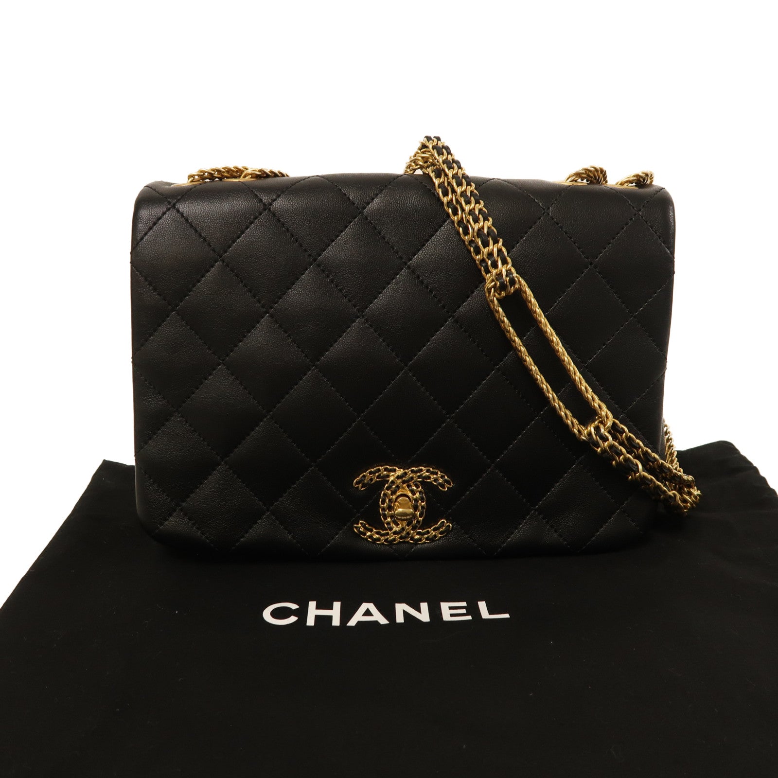 CHANEL 羊皮皮革Chain Shoulder金扣鏈帶肩背袋