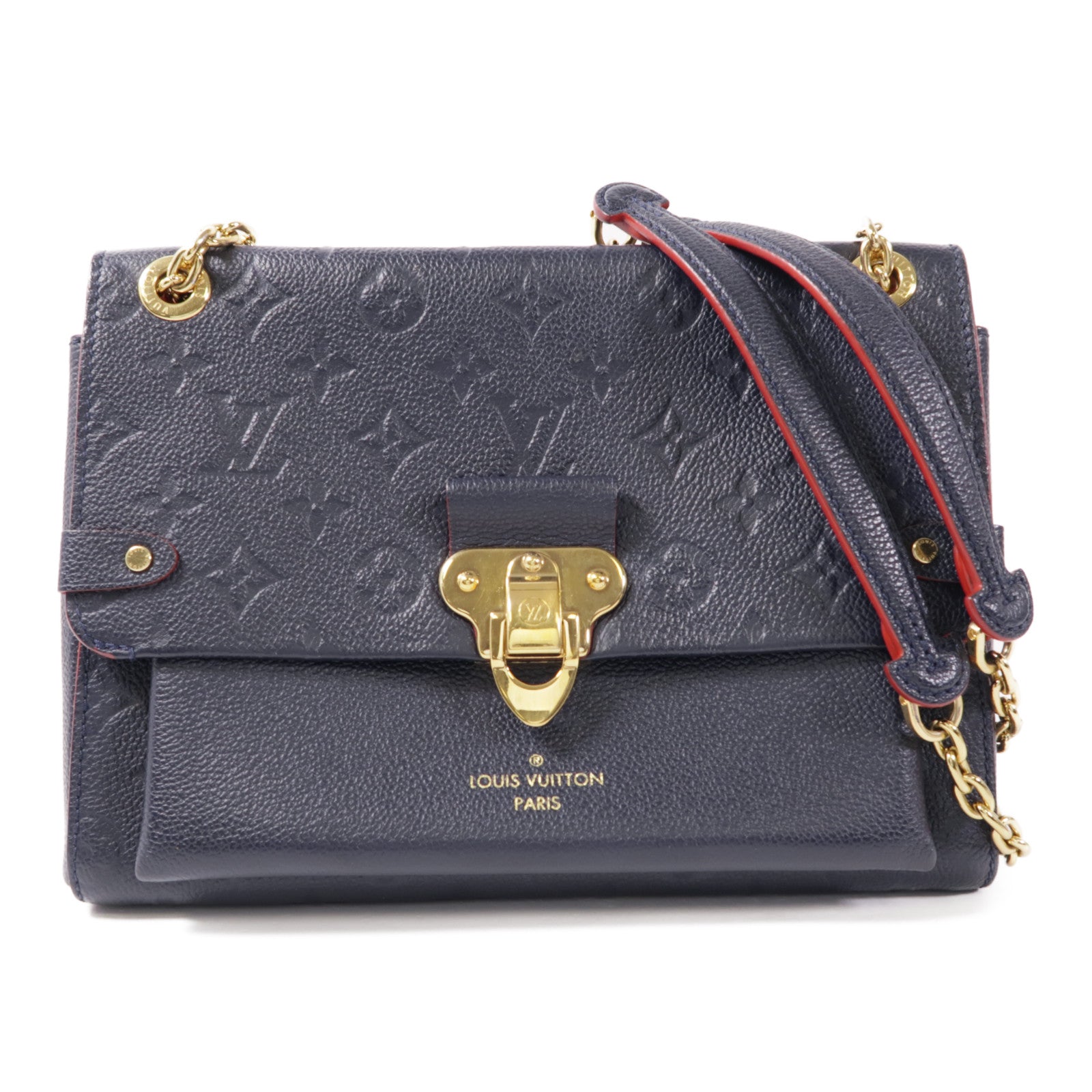 LOUIS VUITTON Monogram Empreinte Vavin PM金扣鏈帶肩背袋深藍色