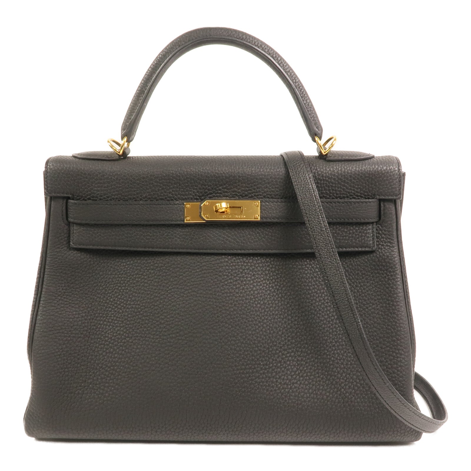 HERMES Clemence皮革Kelly 32金扣手挽肩背兩用袋Noir