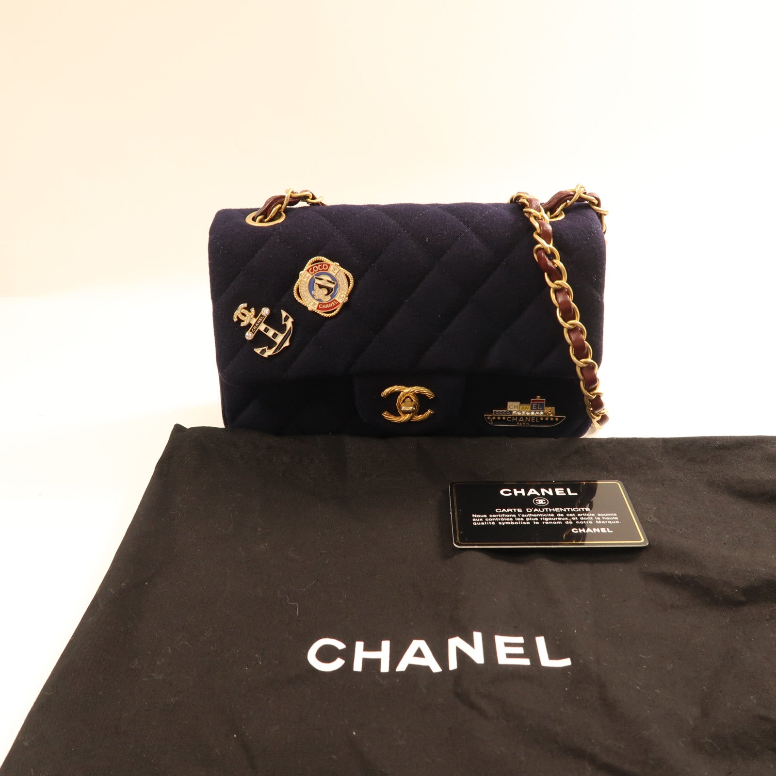 CHANEL CC GHW Charms Mini Rect Chain Shoulder Bag Wool Navy Blue