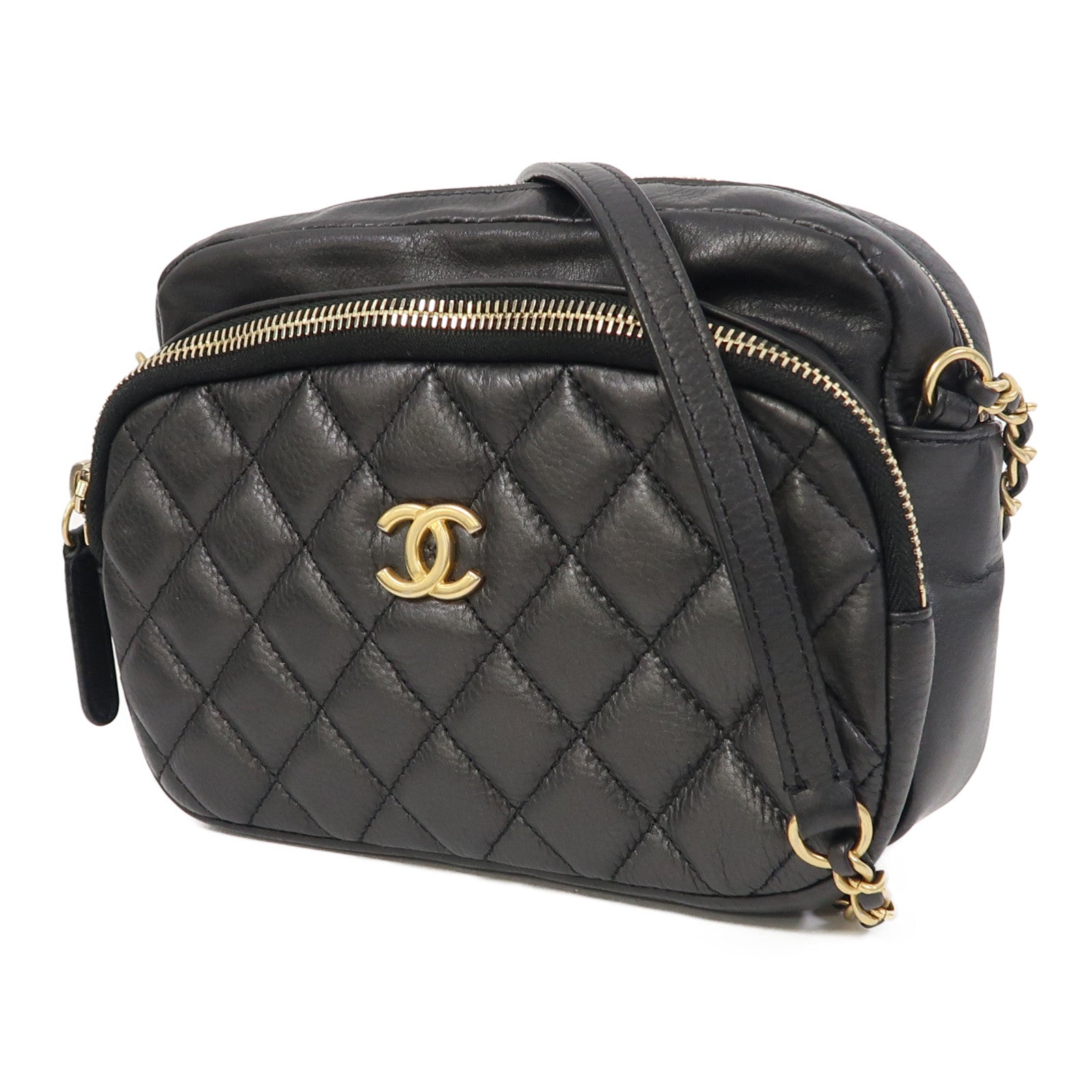 CHANEL 菱格羊皮皮革Chain Shoulder金扣鏈帶肩背袋黑色