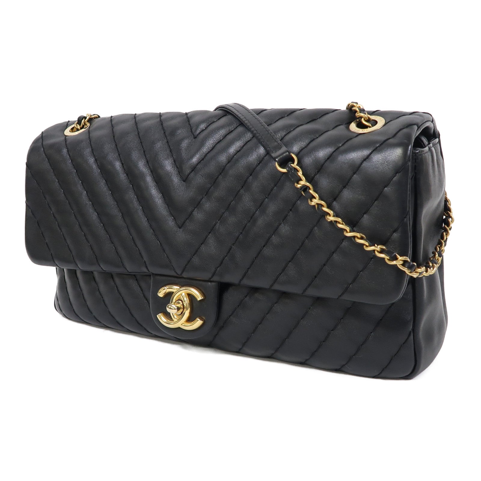 CHANEL 斜紋羊皮皮革Chain Shoulder金扣鏈帶肩背袋黑色