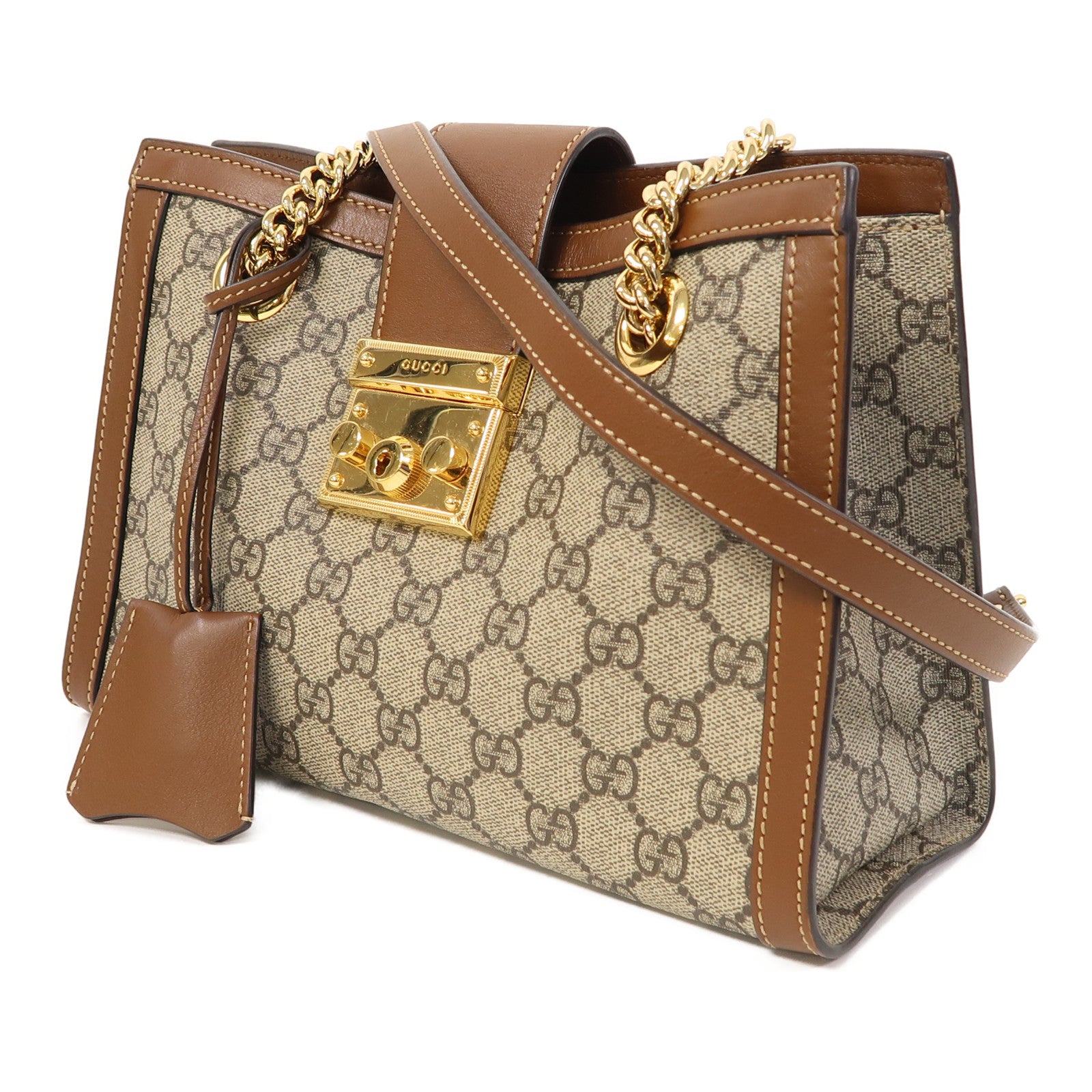 GUCCI 塗層帆布Padlock Small金扣鏈帶肩背袋啡色