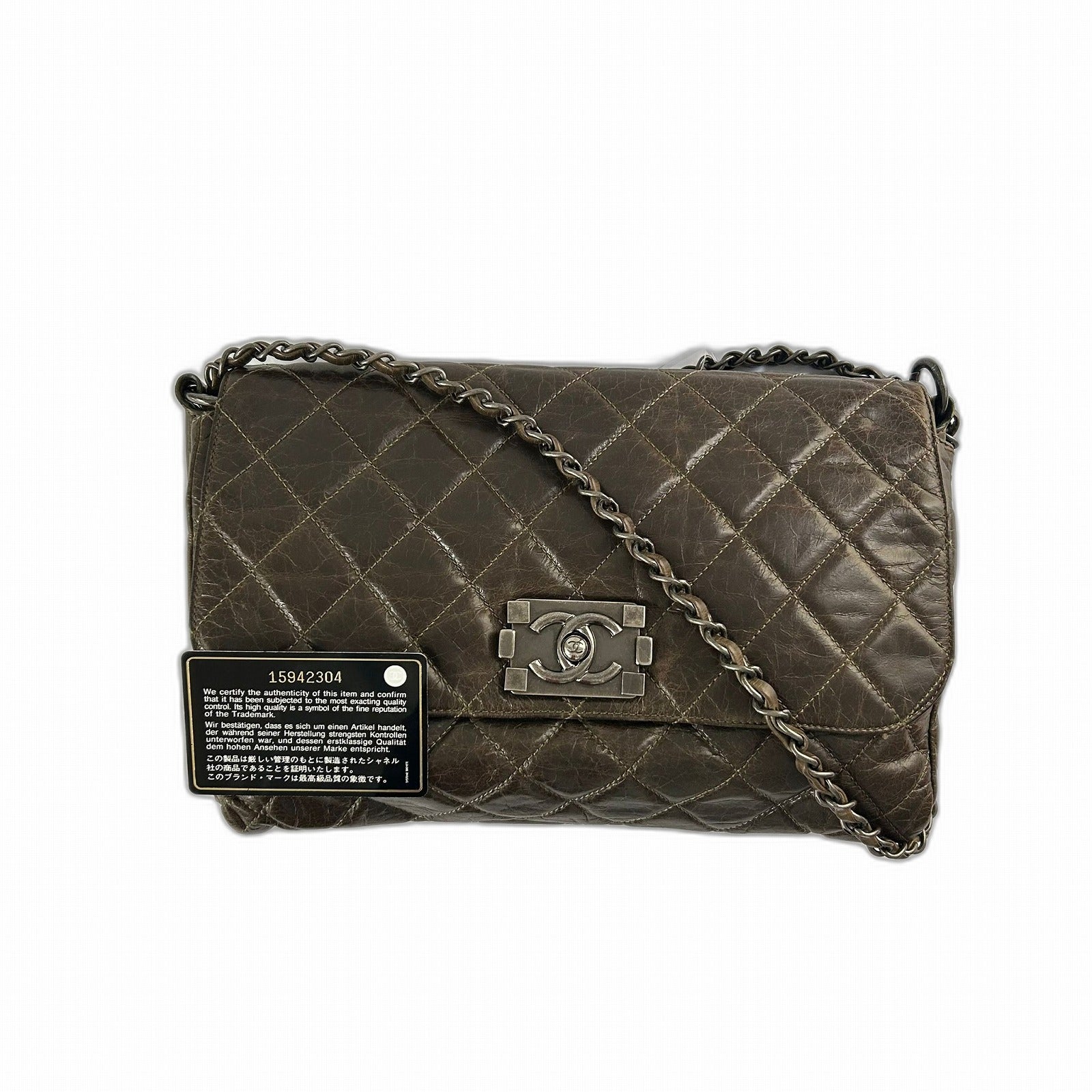 CHANEL 菱格牛皮皮革Chain Shoulder銀扣鏈帶肩背袋啡色