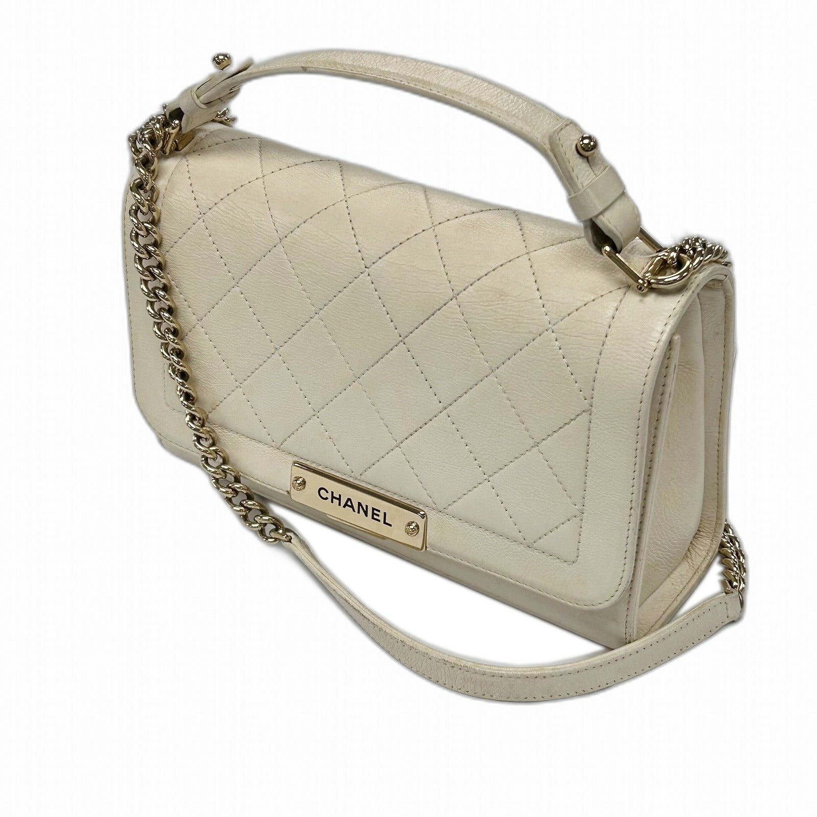 CHANEL 【激減優惠】菱格牛皮皮革2 Way Shoulder金扣手挽肩背兩用袋米色