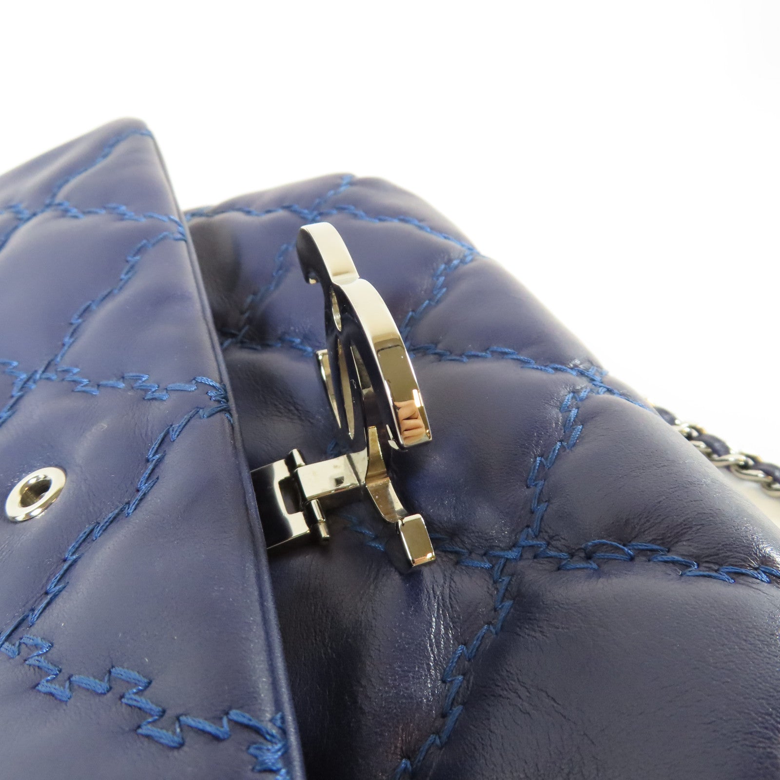 CHANEL 【激減優惠】菱格羊皮皮革Chain Shoulder銀扣鏈帶肩背袋藍色
