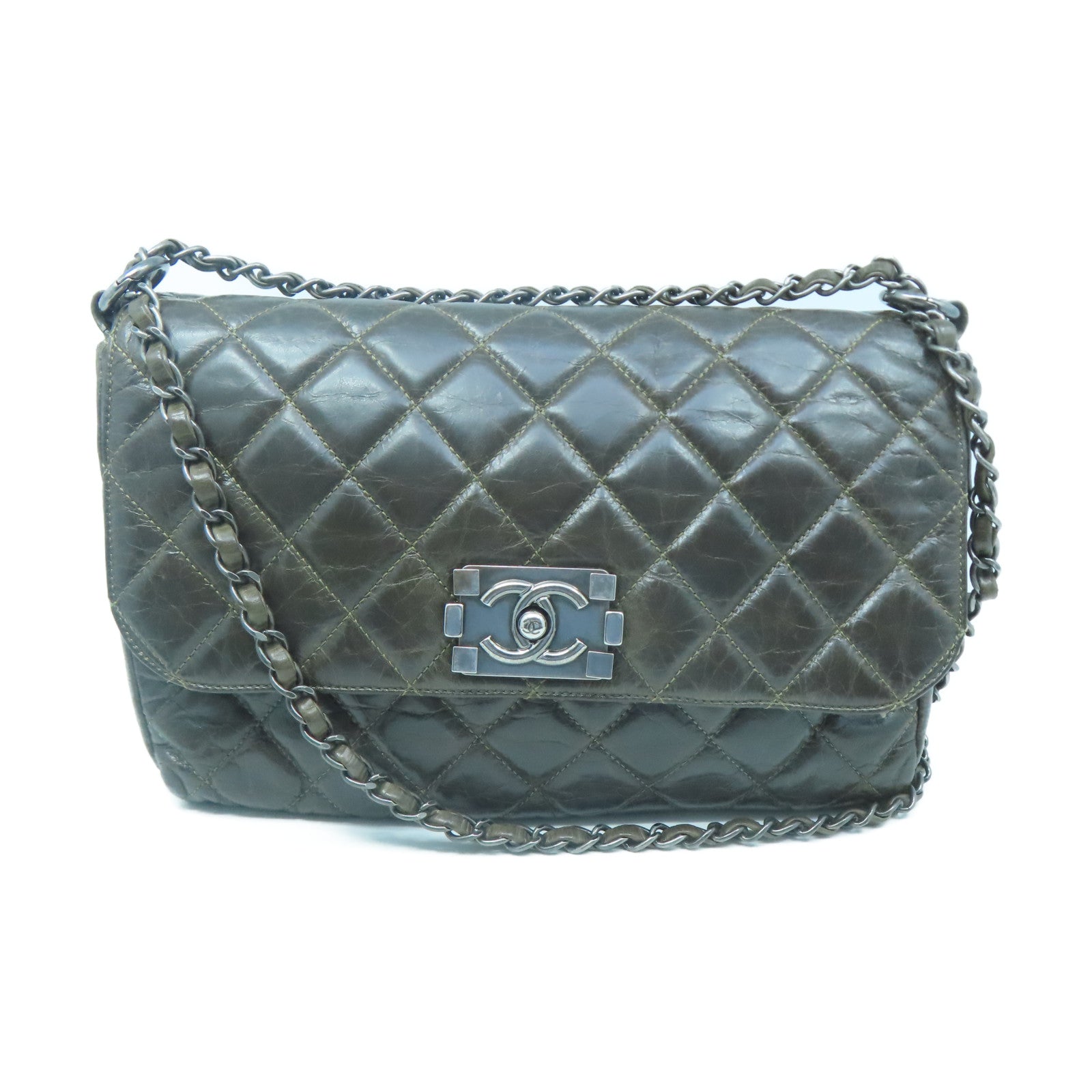 CHANEL 【激減優惠】菱格牛皮皮革Chain Shoulder銀扣鏈帶肩背袋棕色